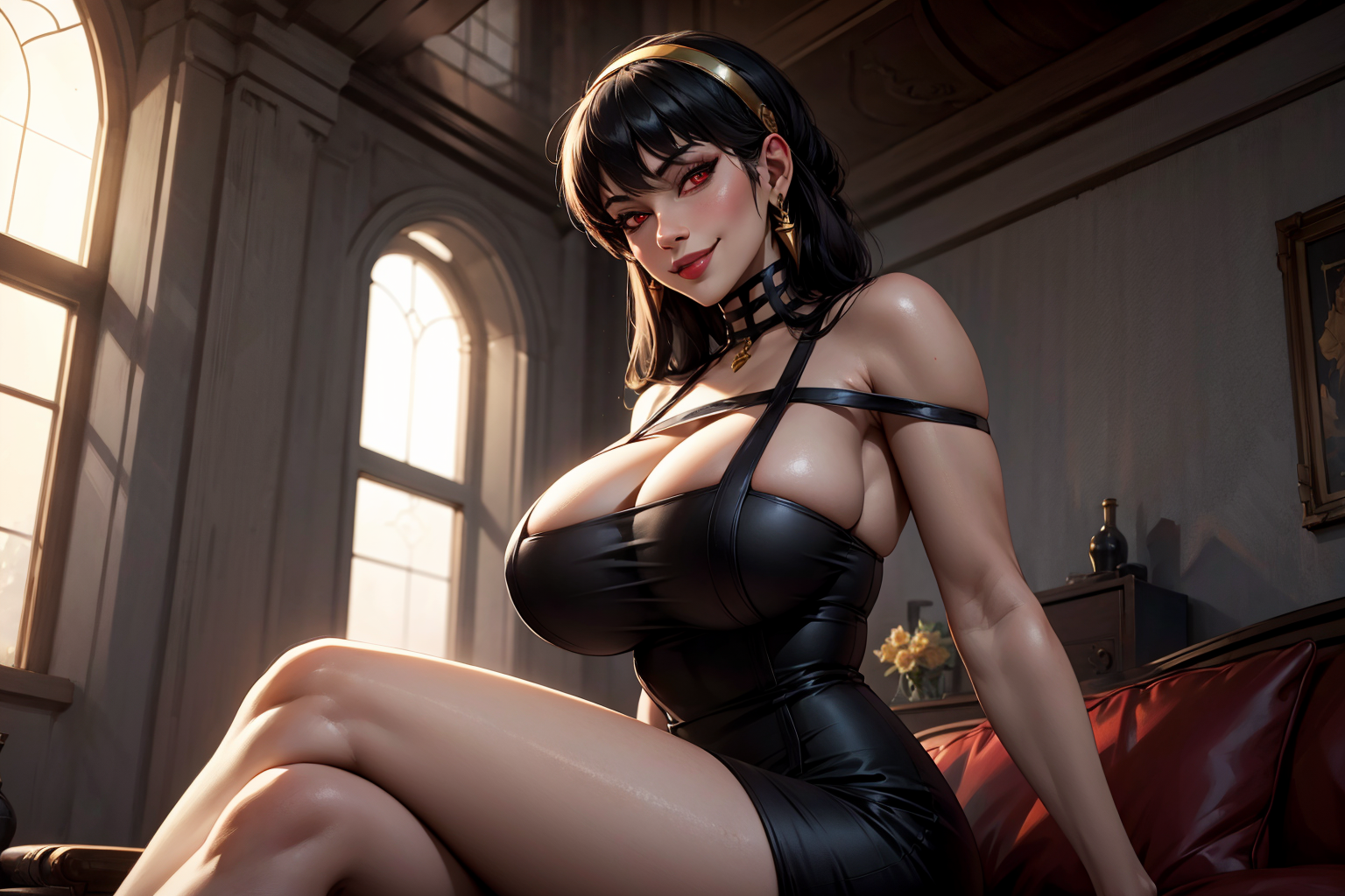 1girls, ai generated, bangs, big breasts, black dress, black hair, blush, breasts, choker, cleavage, crossed legs, diadem, earrings, eyeliner, female, female only, fit, fit female, from below, from side, goth, hair between eyes, hair ornament, hi res, highres, indoors, large boobs, large breasts, light skin, light-skinned female, looking at viewer, medium hair, red eyes, red lipstick, sitting, smile, smirk, spy x family, tight dress, valox, yor briar, yor forger