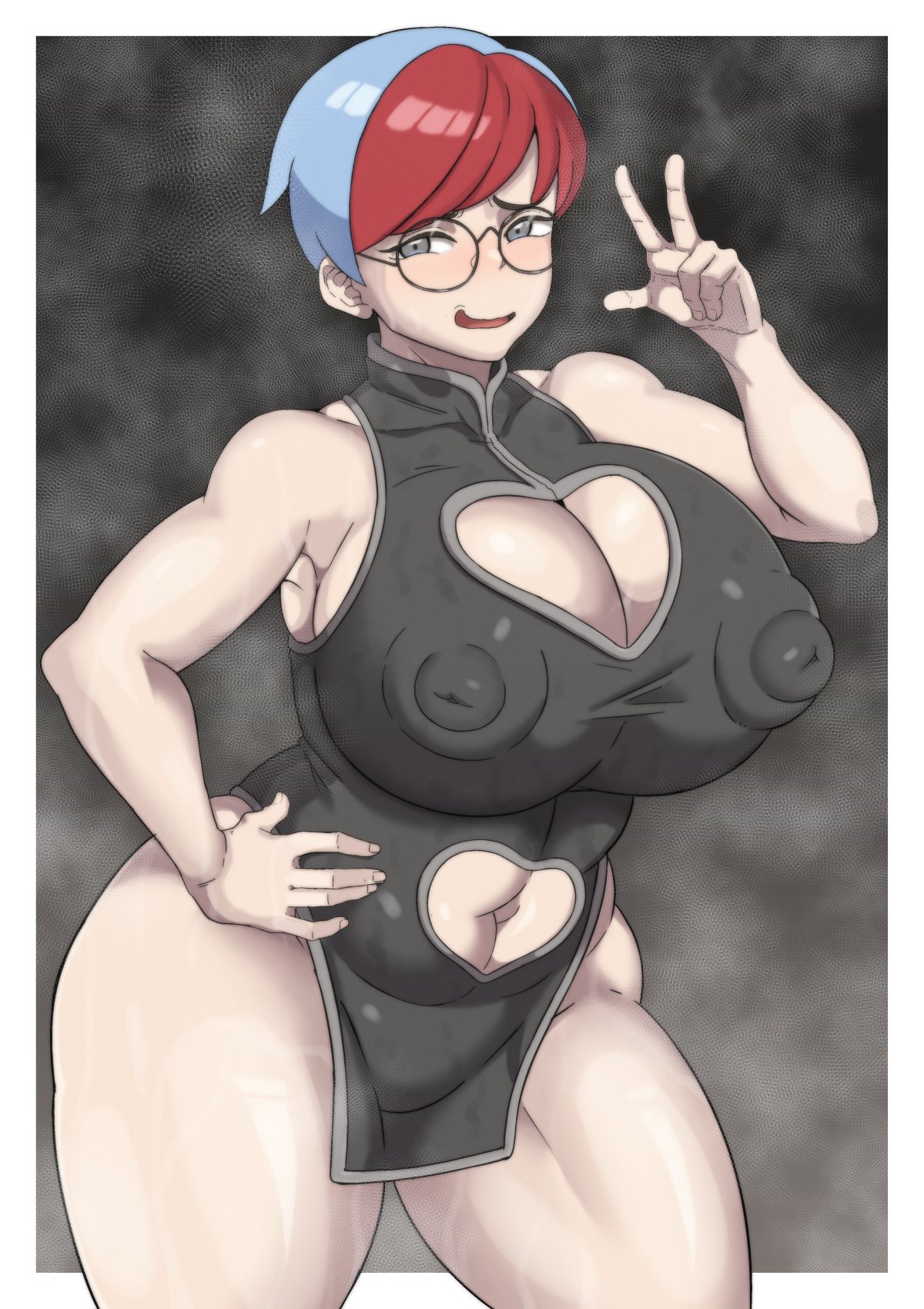 1girls, alternate breast size, asian clothing, blue hair, breasts, china dress, female, game freak, huge breasts, light skin, light-skinned female, musclegut, nintendo, nipples, oryuto, penny (pokemon), pokemon, pokemon sv, red hair, short hair, thick thighs, venus body, very short hair, voluptuous, white female, wide hips