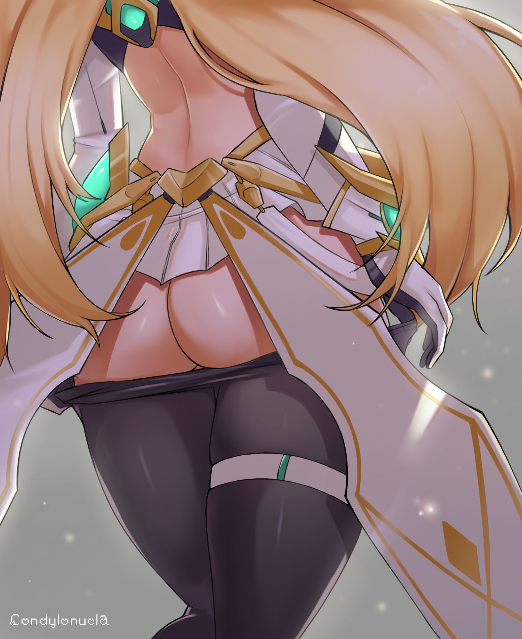 1girls, 2021, artist signature, ass, back, back view, blonde hair, condylonucla, female, female focus, female only, hi res, huge ass, leggings, long hair, mythra, nintendo, no panties, no underwear, sheer legwear, simple background, thigh strap, tight clothing, tight fit, tights, undressing, xenoblade (series), xenoblade chronicles 2