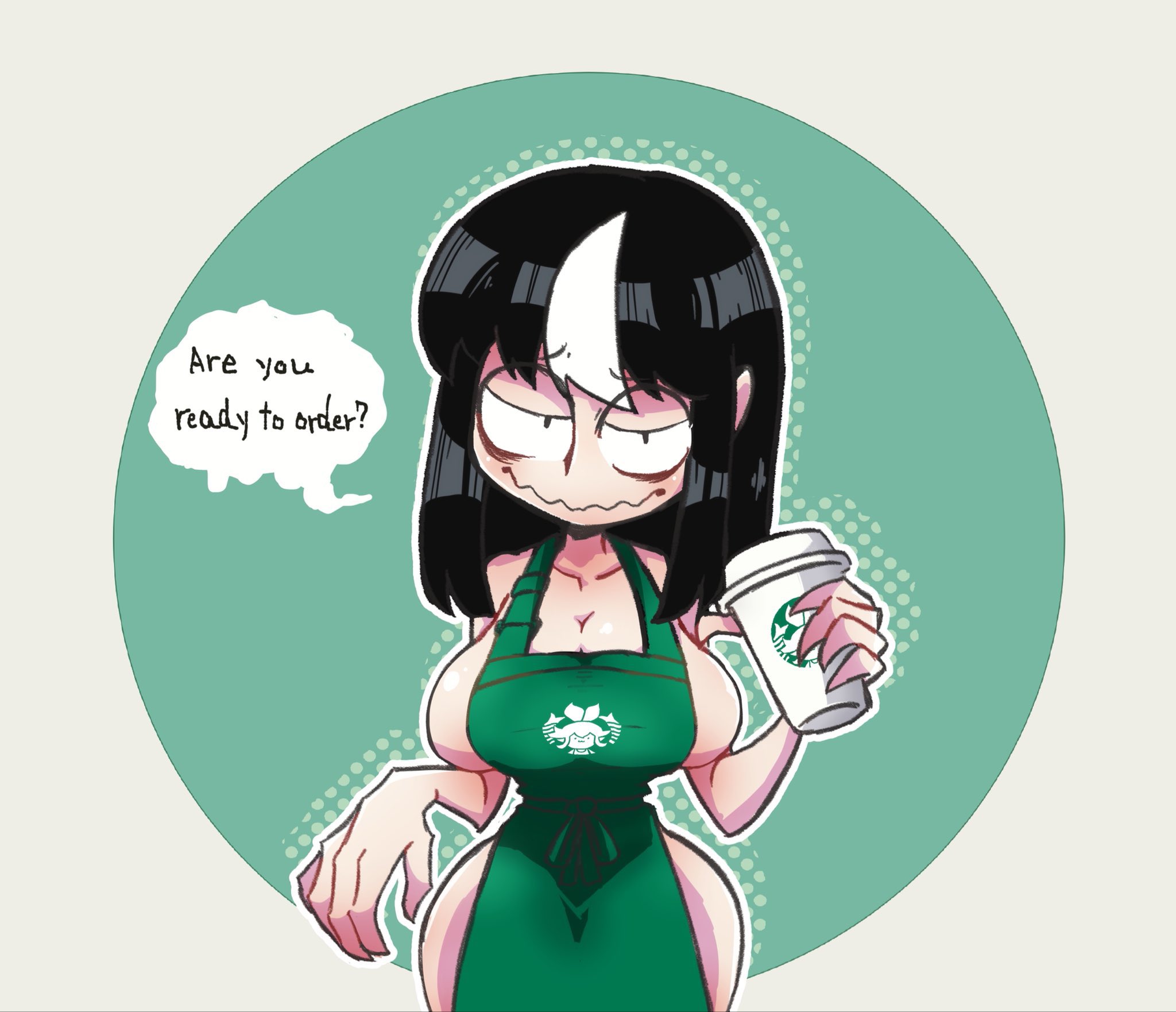 2021, apron, big breasts, breasts, cleavage, female, female only, huge breasts, iced latte with breast milk, image, looking at viewer, meme, mob face, monster girl, naked apron, noss the nosferatu (crap-man), original, original character, satou0526, sideboob, talking to viewer, thick, thick thighs, vampire