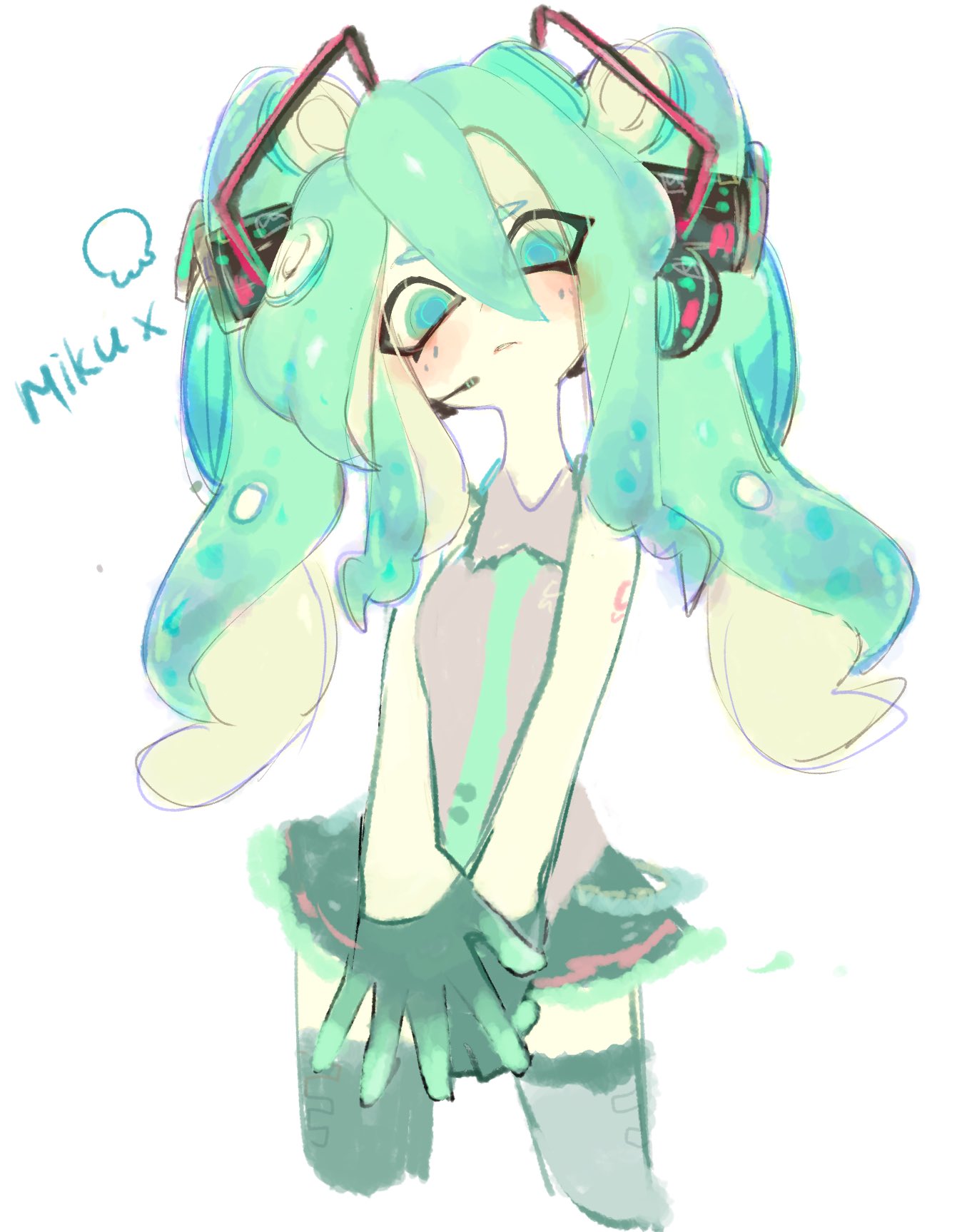 1girls crossover cute female_only gloves green_eyes green_hair hatsune_miku headphones looking_at_viewer not_porn octoling octoling_girl pale_skin ponytails splatoon thighhighs usa37107692 vocaloid