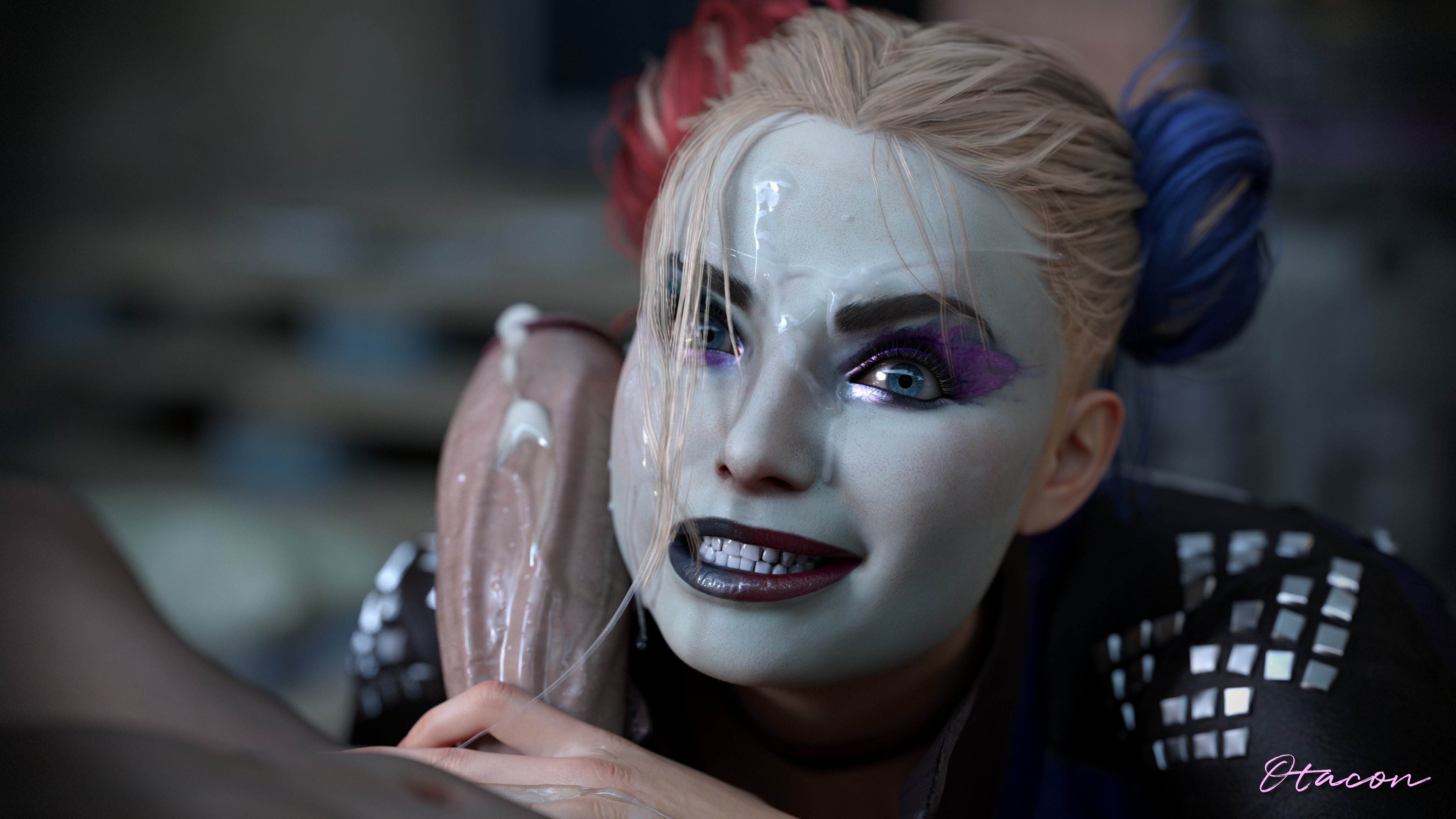 3d, batman (series), blonde hair, blowjob, blowjob face, completely naked, completely nude, covered in cum, cum, cum on face, cumshot, dc, dc comics, female, harley quinn, harley quinn (arkham), harley quinn (suicide squad game), imminent oral, male, male/female, nude, nude male, otacon212, partial male, suicide squad, suicide squad: kill the justice league