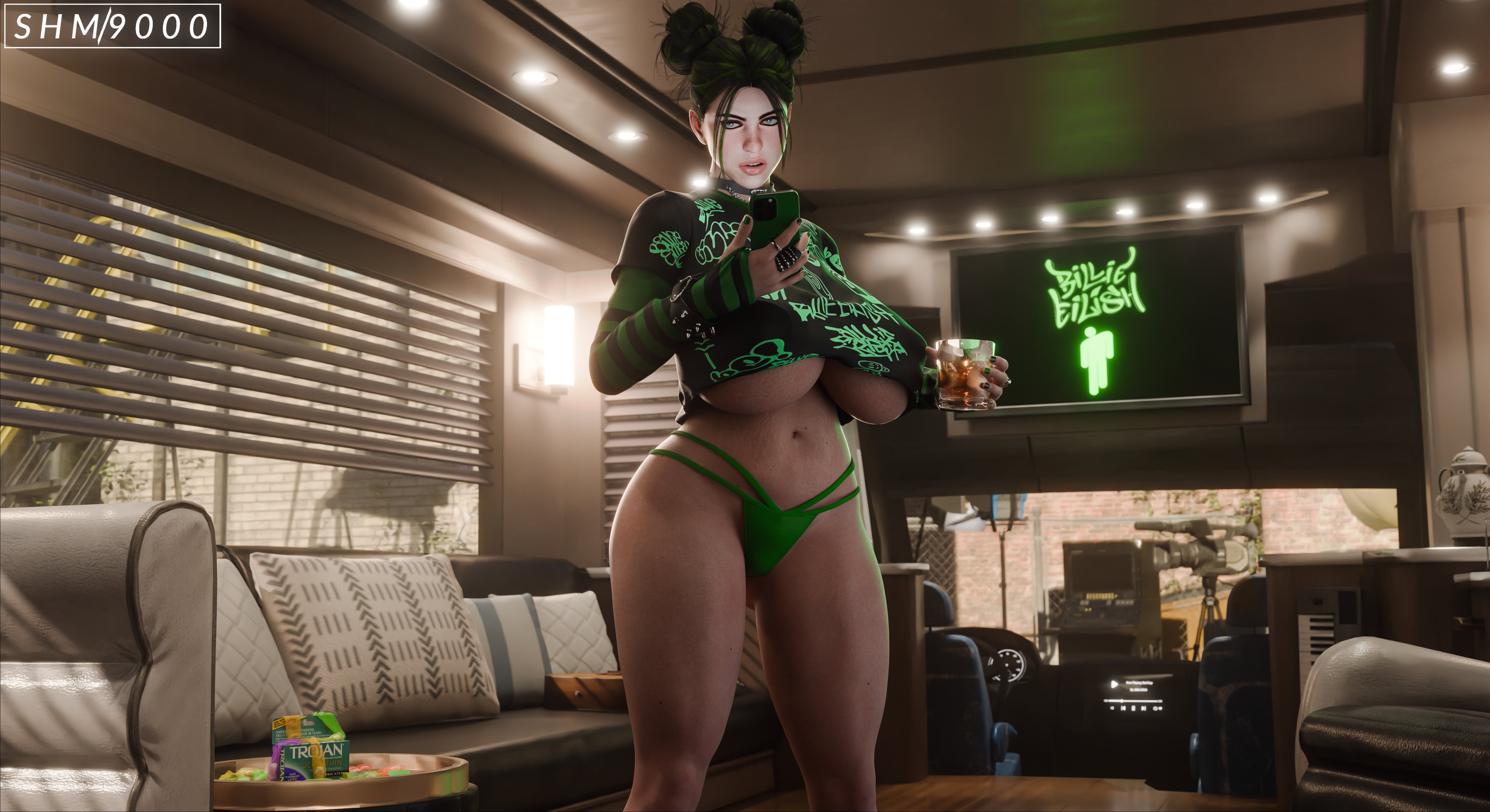 1girls, 3d, big breasts, billie eilish, blue eyes, breasts, busty, celebrity, crop top, cute, erect nipples, female, female focus, female only, high resolution, hourglass figure, large breasts, long hair, nipple bulge, nipples, original, solo, superhentaimaster9000, tied hair, underboob, very high resolution, wide hips