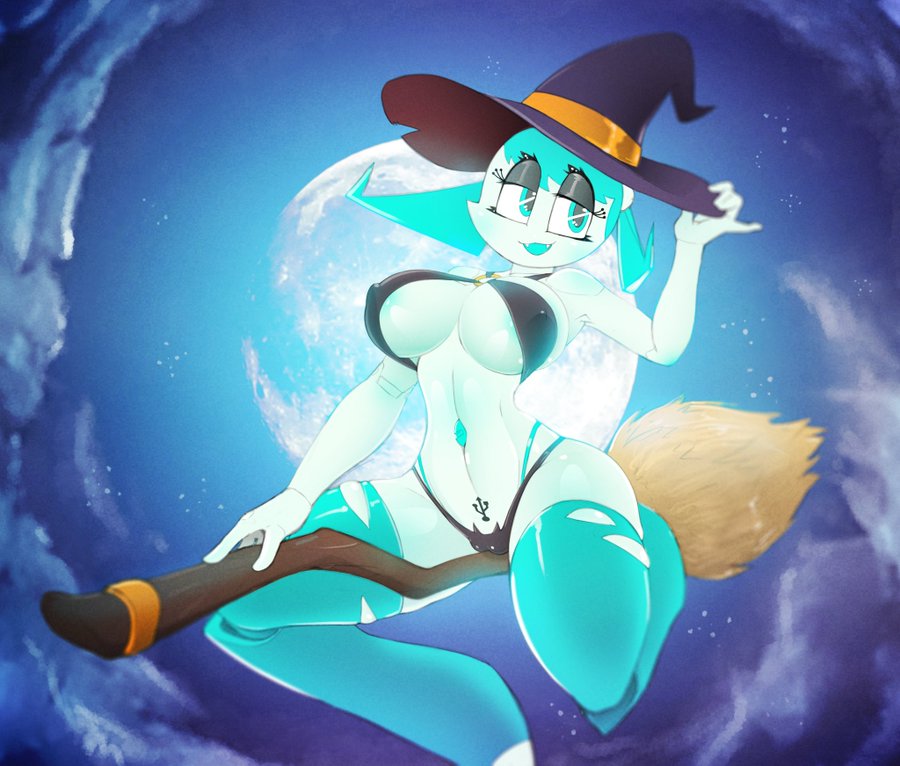 armpits, background, curvy female, female, female focus, female only, half-dressed, halloween, halloween costume, image, jenny wakeman, lonlon, my life as a teenage robot, nickelodeon, night, robot, robot girl, tagme, white skin, witch costume, witch hat