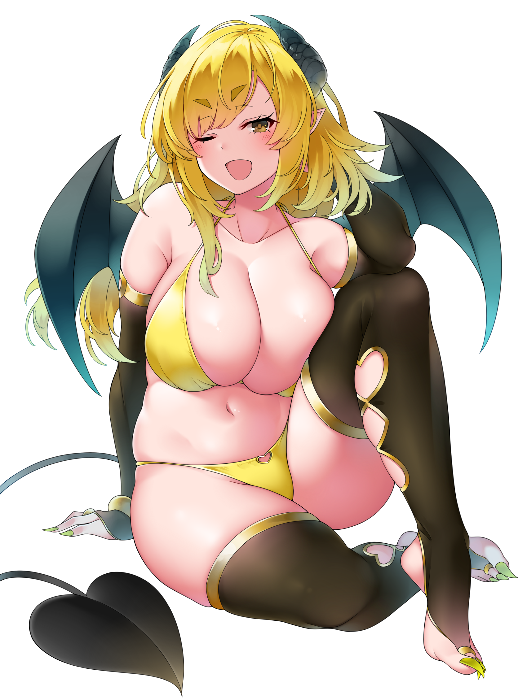 ;d, 1girls, 2020, bangs, bikini, black gloves, black legwear, blonde hair, blush, breasts, bridal gauntlets, bridal legwear, cleavage, clothing cutout, collarbone, demon, demon girl, demon horns, demon tail, demon wings, elbow gloves, eyebrows visible through hair, female, female focus, female only, fingernails, gloves, heart cutout, highres, horns, large breasts, looking at viewer, navel, one eye closed, open mouth, original, plump, sharp fingernails, sharp toenails, short hair, simple background, smile, solo, solo female, succubus, suruga (xsurugax), swimsuit, tail, thick eyebrows, thighhighs, toenails, white background, wings, yellow bikini, yellow eyes