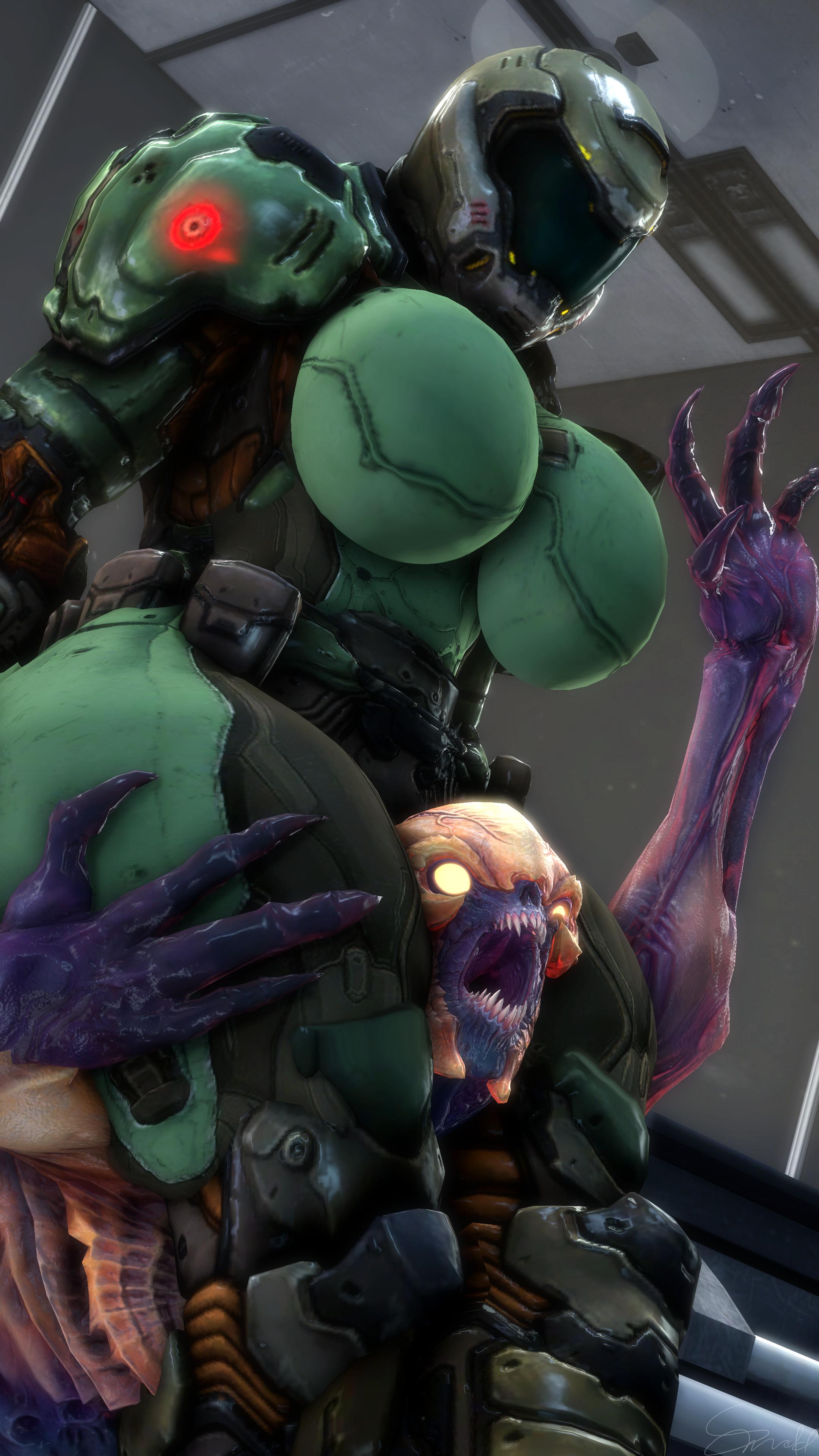 1boy, 1girls, 3d, between thighs, big breasts, boobplate, breasts, doom, doom slayer (doom), doomgal, female, femdom, genderswap, genderswap (mtf), imminent death, imp, imp (doom), male, malesub, rule 63, snudds, source filmmaker, struggling, tagme, thick thighs, thighs
