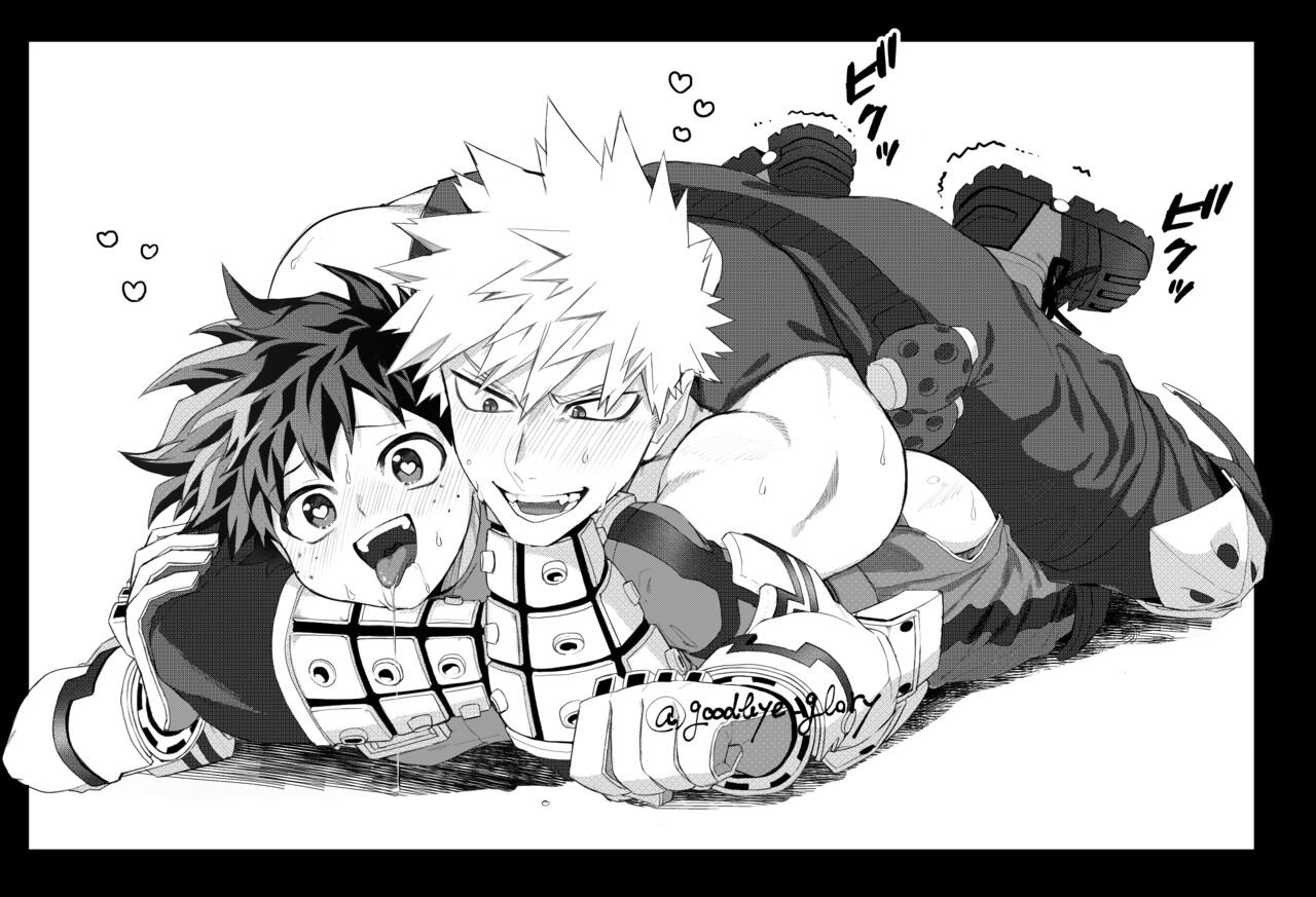 2boys, anal, blush lines, boku no hero academia, clothed sex, deku, fucked silly, gay, gay sex, goodbye glory, happy, happy sex, happy sub, headlock, heart-shaped pupils, hero outfit (mha), izuku midoriya, katsuki bakugou, male, male only, male penetrated, male penetrating, male/male, malesub, muscular, muscular male, my hero academia, on stomach, open mouth, spiky hair, tongue, yaoi