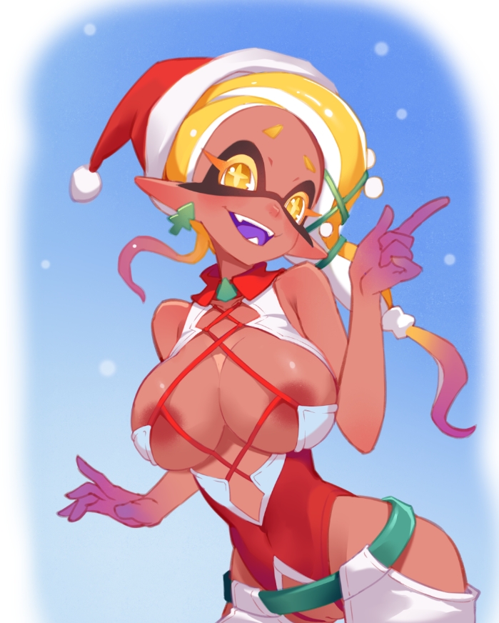 2024 absurd_res black_eyelashes breasts cephalopod cephalopod_humanoid christmas christmas_clothing christmas_headwear clothed clothing curvy_figure dark-skinned_female dark_skin frye_(splatoon) frye_onaga full_body full_color hair hi_res inkling little_blood looking_at_viewer marine marine_humanoid mollusk mollusk_humanoid nintendo nipples open_mouth open_smile pseudo_hair purple_tongue pussy smiling smiling_at_viewer splatoon splatoon_(series) splatoon_3 yellow_eyelashes yellow_eyes yellow_hair