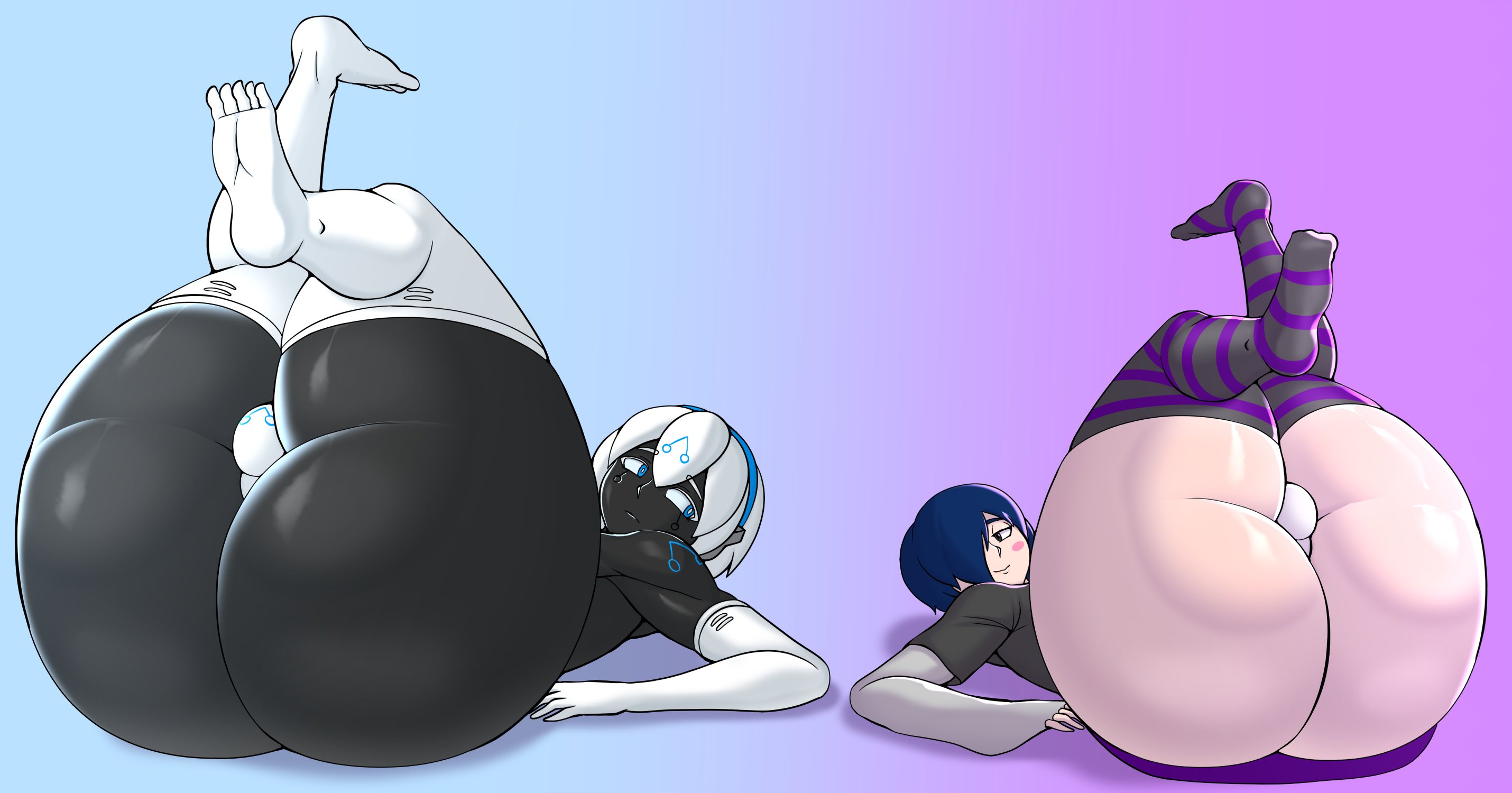2boys, ass, babyhunt4, big ass, big butt, black body, black skin, blue hair, bulge, da ra ra ra, femboy, feminine male, gay, huge ass, huge butt, legs up, light skin, light-skinned male, male, male only, n.i.o (da ra ra ra), pale skin, pale-skinned male, white hair, wide hips