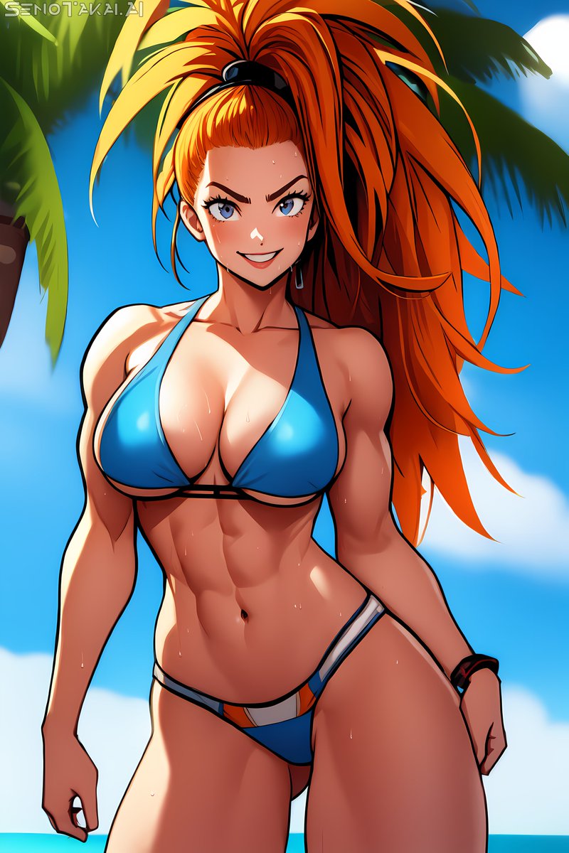 1girls abs ai_generated bare_arms bare_legs bare_shoulders bare_thighs beach big_breasts bikini bikini_bottom bikini_top blue_eyes blush brown_hair captain_mizuki color female female_focus female_only hi_res large_breasts long_hair looking_at_viewer muscular muscular_female one-punch_man senotakai_ai smile solo solo_female sweat tagme