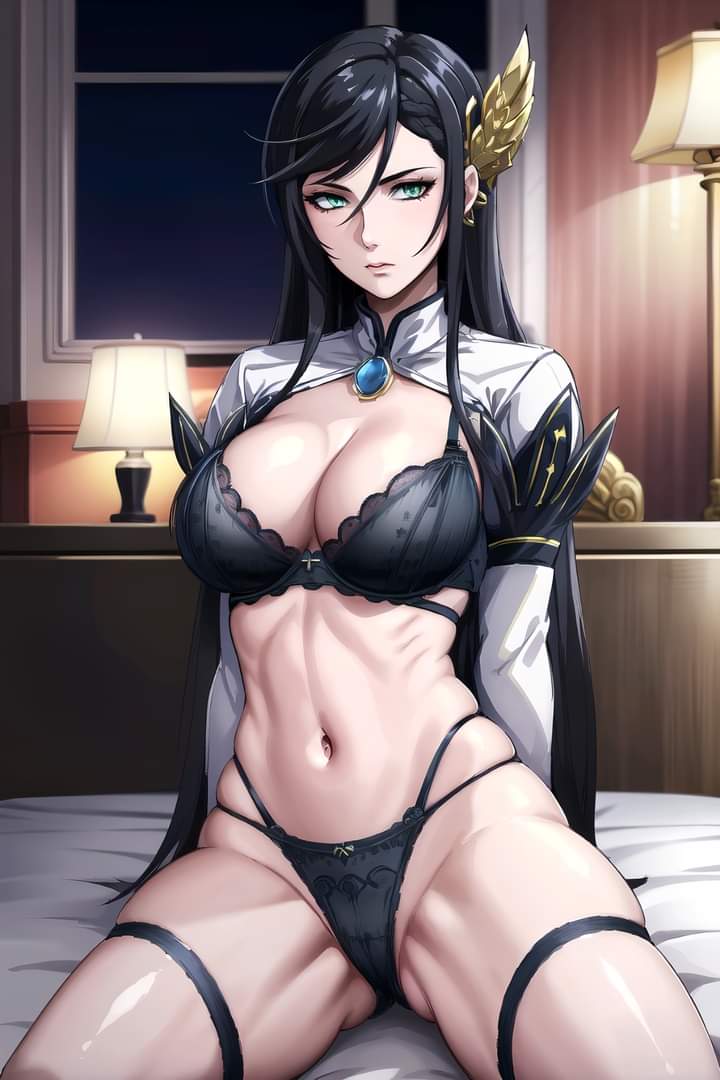 ai generated, bed, bedroom, bedroom sex, black bra, black hair, black panties, bra, brunhilde (shuumatsu no valkyrie), female, female focus, female only, green eyes, hair between eyes, hair ornament, head tilt, imminent rape, imminent sex, looking at viewer, looking up, lying on back, lying on bed, naughty face, partially clothed, partially nude, seductive, seductive eyes, seductive look, seductive mouth, seductive pose, shuumatsu no valkyrie, solo, solo female, solo focus, stable diffusion
