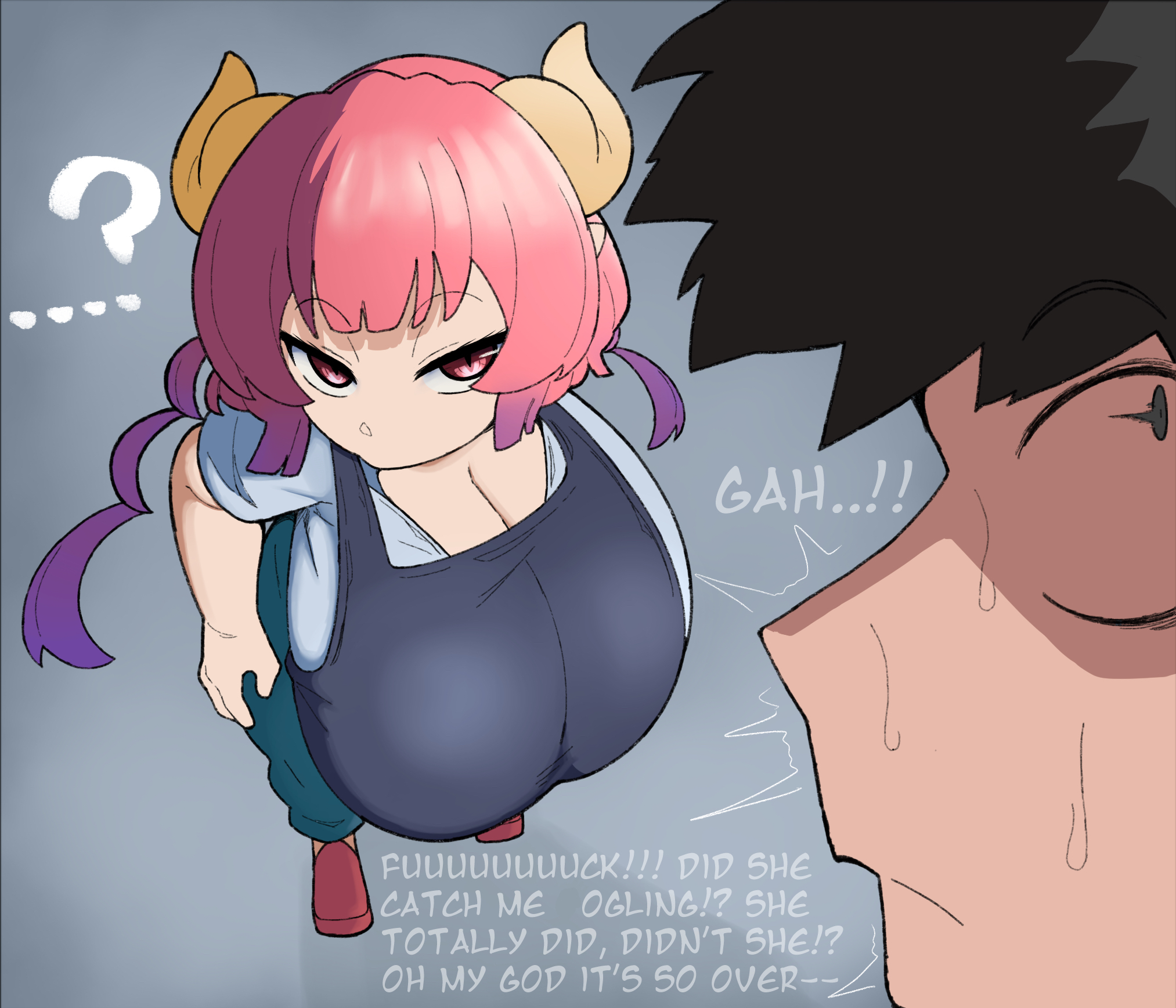 ?, ..., 1boy, 1girls, alternate body type, alternate breast size, big breasts, black hair, breasts, breasts bounce, clothed, clothed female, clothed male, dragon, dragon girl, dragon horns, english, english dialogue, english text, enormous breasts, female, female dragon, female focus, female pubic hair, female/male, giant breasts, gigantic breasts, hand on hip, high resolution, highres, huge breasts, human, ilulu, ilulu (dragon maid), ilulu (maidragon), imminent sex, kobayashi-san chi no maidragon, large breasts, looking at another, looking at breasts, looking at partner, looking away, looking up, male, male focus, male human, male pov, male/female, massive breasts, miss kobayashi's dragon maid, pointed ears, pointy ears, red eyes, red hair, red pupils, sexually ignorant, short hair, shortstack, simple background, solo female, vammzu, white body, white skin, wobble, yellow horn, yellow horns
