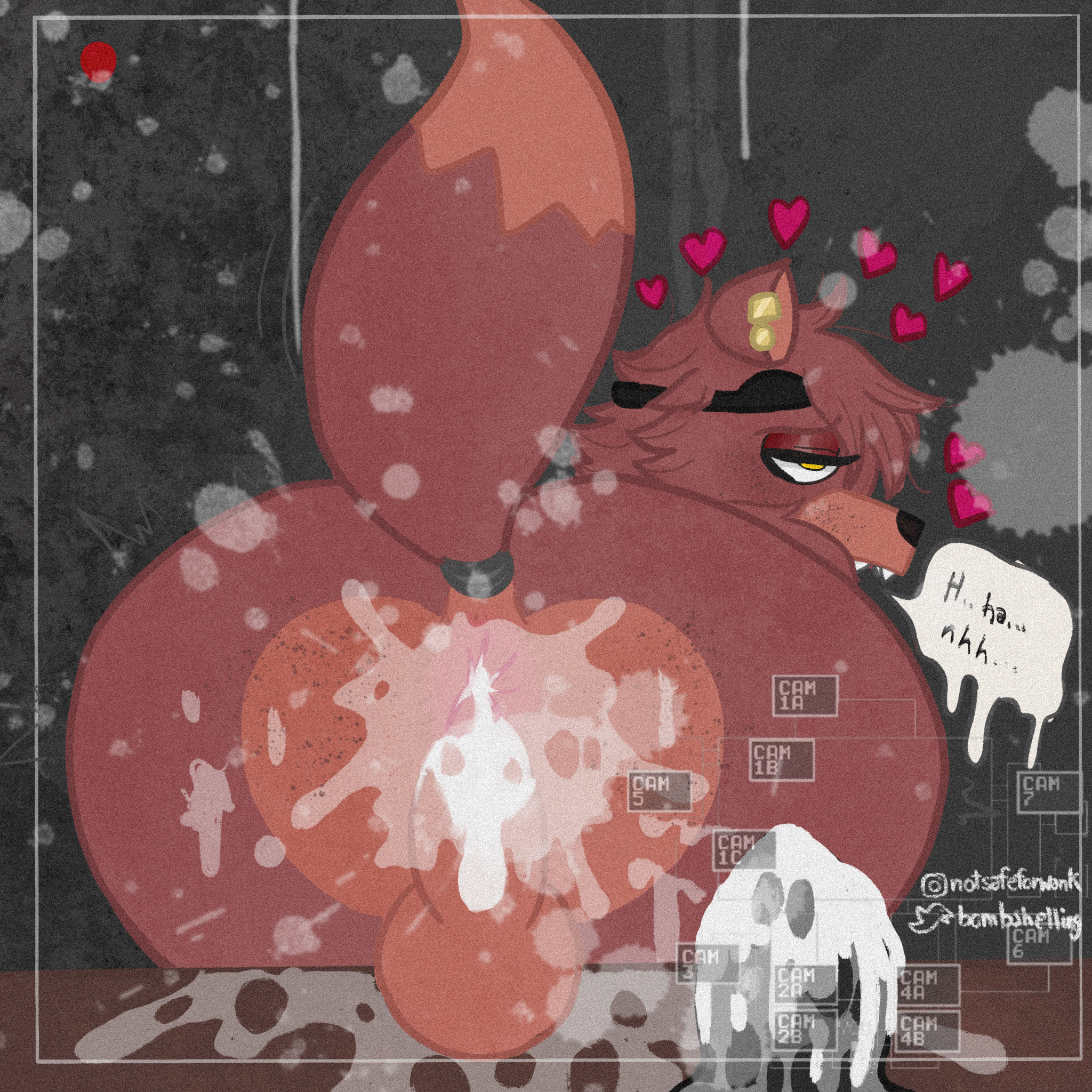 2020, after masturbation, anal juice, animatronic, anthro, anus, ass, ass focus, backsack, balls, ballsack, bedroom eyes, bodily fluids, bombshelling, brown body, brown ears, brown fur, brown hair, brown tail, butt focus, camera, dripping, femboy, feminine male, five nights at freddy's, foxy (fnaf), fur, genitals, girly, hair, heart, hi res, machine, male, male only, messy, moan, narrowed eyes, notsafeforwank, perineum, rear view, recording, robot, seductive, sex toy, solo, video games, yellow eyes