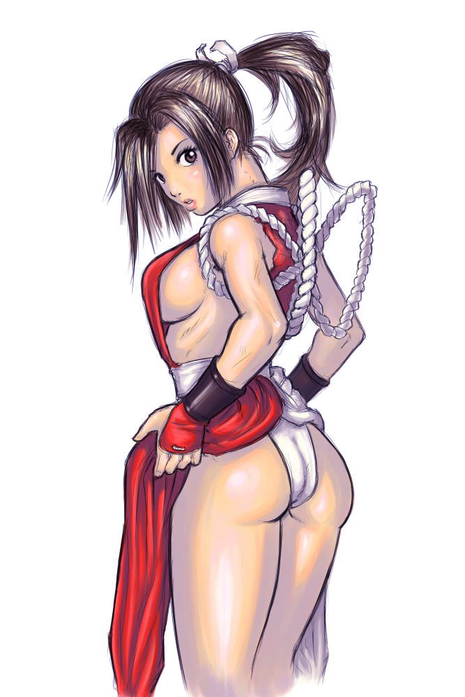 armor ass bare_legs breasts brown_eyes brown_hair commentary_request fatal_fury female japanese_armor japanese_clothes kamui12 king_of_fighters kote large_breasts lips long_hair mai_shiranui ninja panties pelvic_curtain ponytail revealing_clothes rope shimenawa sideboob solo underwear vambraces white_panties