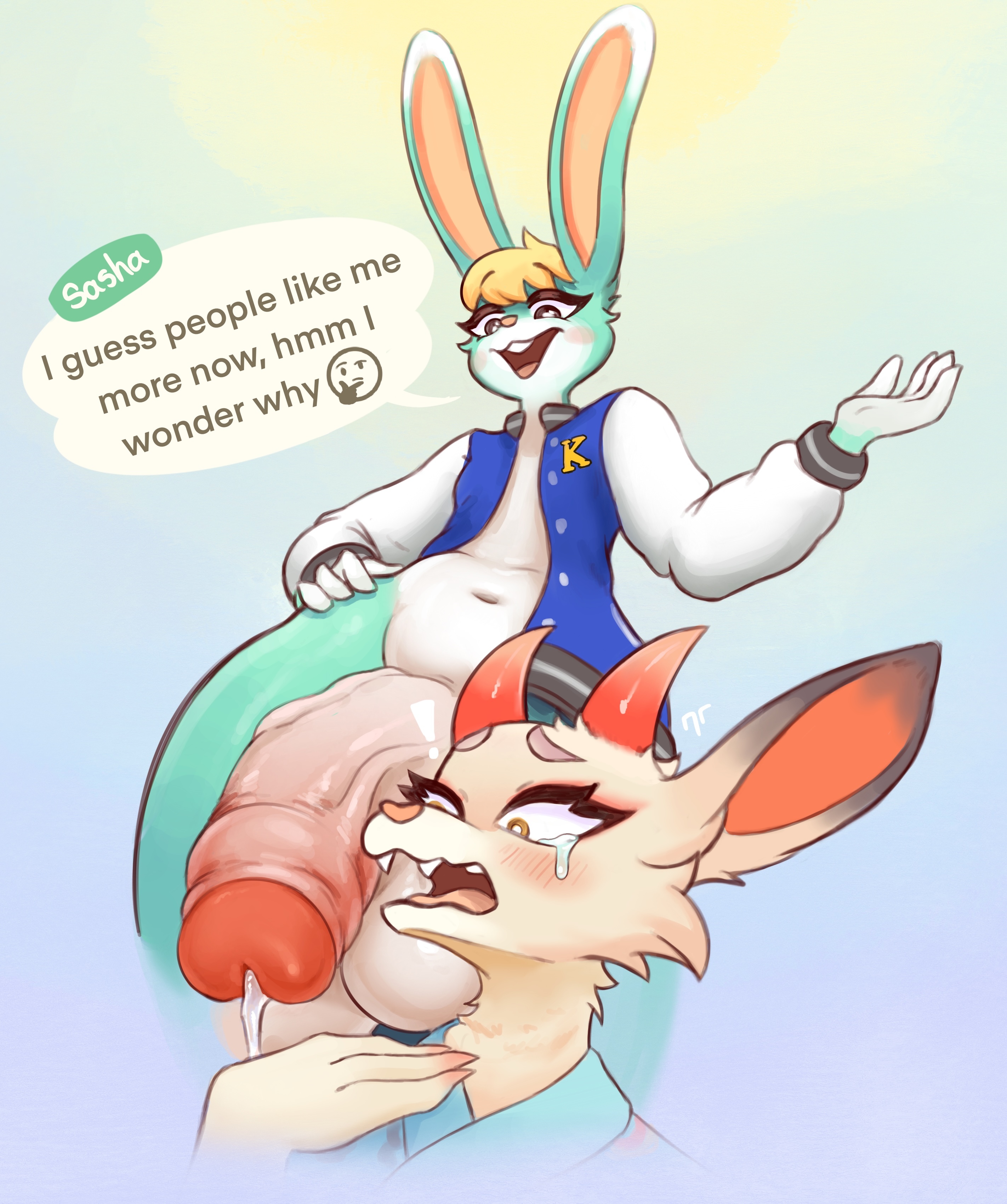 1boy, 1girls, 2021, absurd res, animal crossing, anthro, anthro on anthro, balls, blush, bodily fluids, bunny boy, bunny ears, cervid, clothing, deer, dialogue, duo, english text, female, female anthro, femboy, femboy on female, femboydom, femsub, fingers, foreskin, furry, genital fluids, genitals, hi res, horn, humanoid genitalia, humanoid penis, lagomorph, leporid, male, male anthro, male anthro/female anthro, male/female, maledom, mammal, navel, nintendo, open mouth, penis, precum, rabbit, sasha (animal crossing), shino (animal crossing), text, ttothep arts, uncircumcised, video games