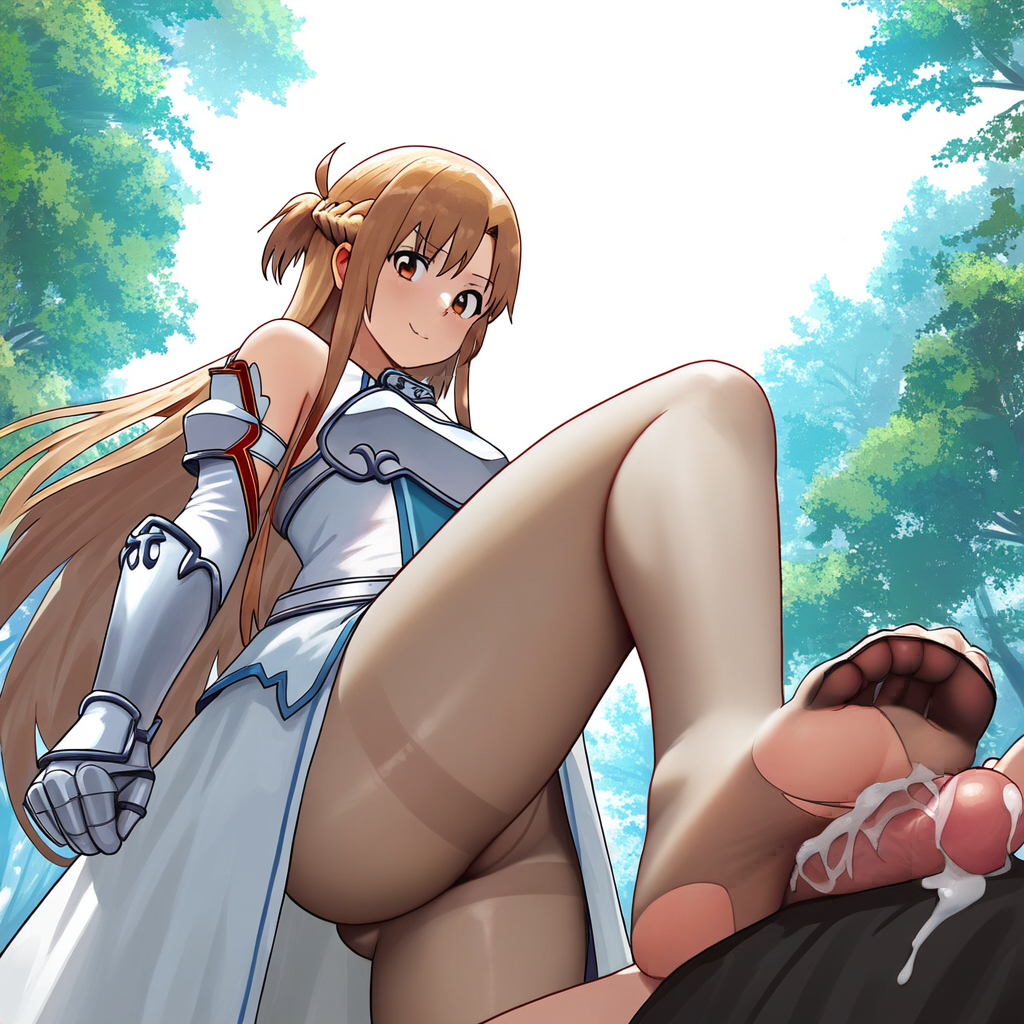 1boy 1girls ai_generated armor barefoot cum cum_drip defeated_hero femdom foot_fetish foot_focus footjob male_pov novelai nsfwworks.ia pov smile stable_diffusion stepped_on sword sword_art_online trample yuuki_asuna