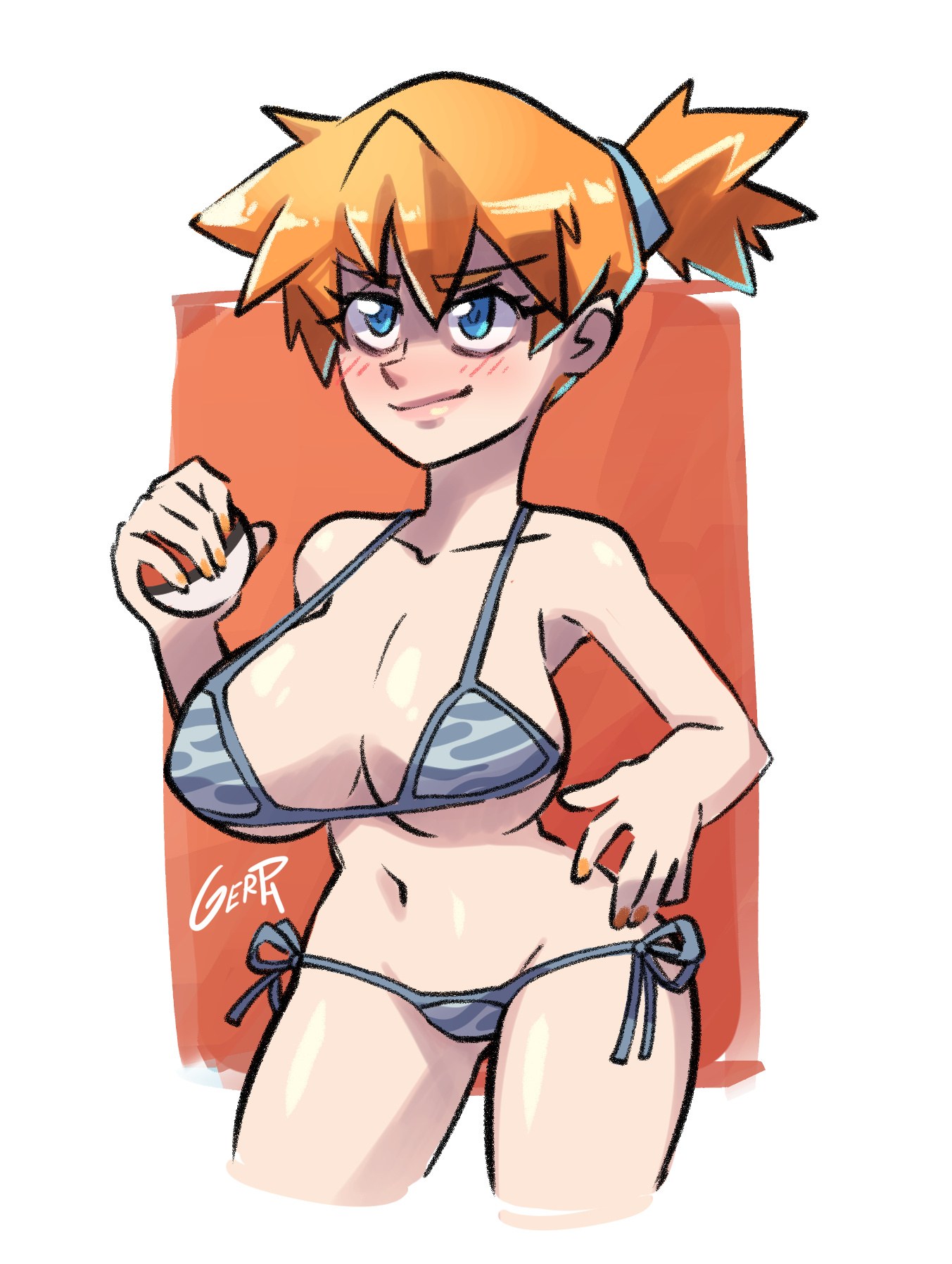 aged up, alternate breast size, alternative bust size, armpits, bikini, blue eyes, blush, border, breasts, cleavage, clothing, female, female only, gerph, hair, high resolution, human only, kasumi (pokemon), large breasts, nail polish, nintendo, older, orange hair, orange nails, poke ball, pokemon, pokemon (game), pokemon rgby, short hair, side-tie bikini, sideboob, smile, solo, swimsuit, thigh gap, tomboy, underboob, video game, white border