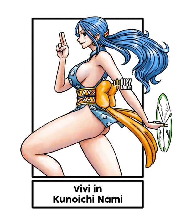 1girls, ass, big breasts, black eyes, black-eyed female, blue hair, blue kimono, blue-haired female, blush, blush stickers, blushing, blushing female, breasts, earrings, eyebrows, eyelashes, female, female only, fit, fit female, gold earrings, gold hair ornament, hair ornament, iury padilha, japanese clothes, kimono, kunoichi, large breasts, legs, long hair, long-haired female, looking at viewer, looking sideways, nami (one piece) (cosplay), nefertari vivi, ninja, ninja girl, no underwear, one piece, peacock slashers, posing, ribbon, seductive, seductive look, seductive smile, side view, sideboob, voluptuous, voluptuous female, watermark, yellow ribbon