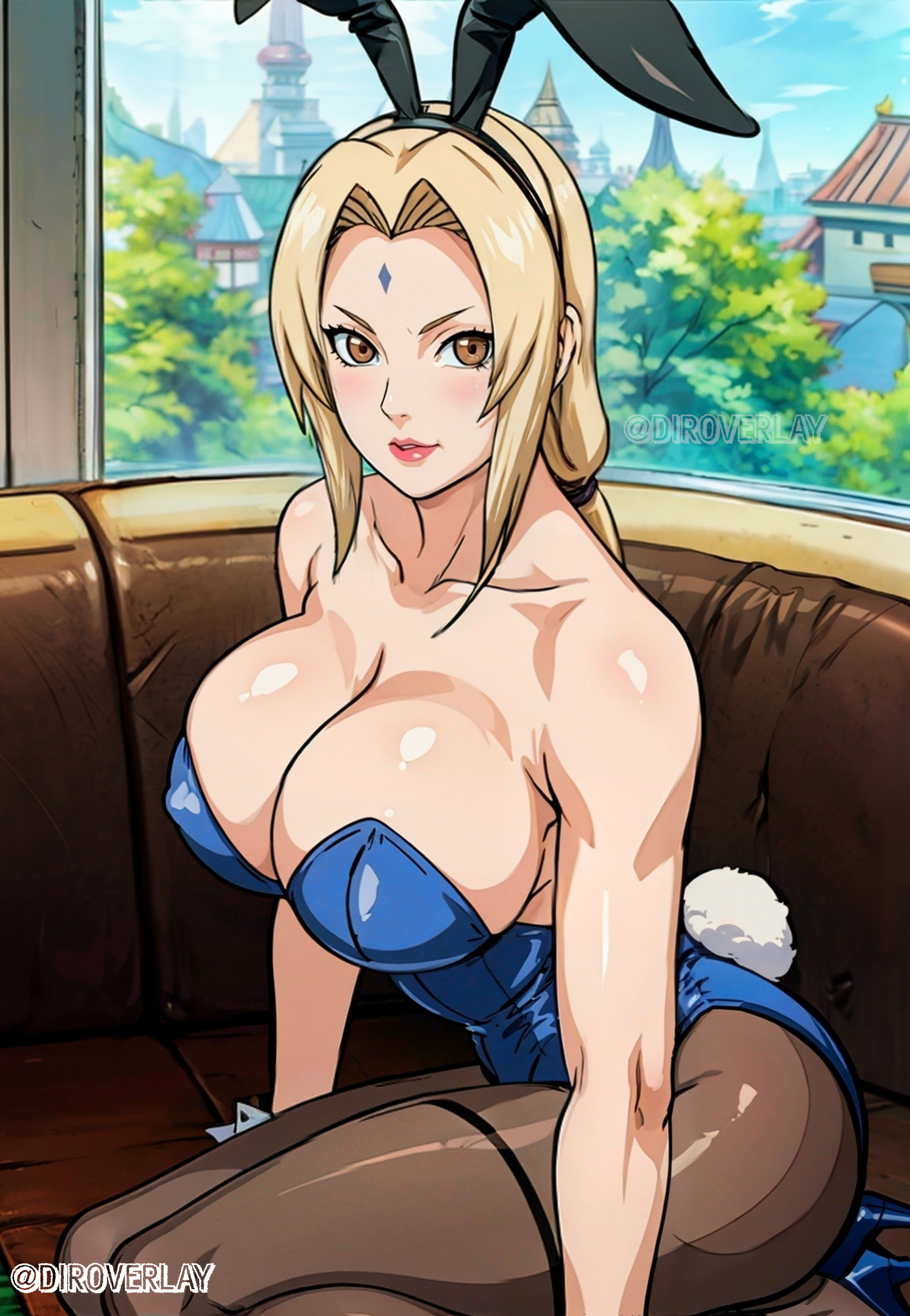 1girls, ai generated, alternate breast size, animal ears, animal tail, arm support, artist name, bare arms, bare breasts, bare chest, bare shoulders, blonde hair, breasts, breasts bigger than head, brown eyes, bunny ears, bunny girl, bunny tail, bunnysuit, cleavage, detached sleeves, diroverlay, fake animal ears, fake animal tail, female, female only, hair ornament, heels, high heels, kneeling, legs together, leotard, lipstick, looking at viewer, makeup, mature, mature female, milf, nai diffusion, naruto, naruto (series), naruto shippuden, on knees, oppai, pantyhose, revealing clothes, sitting, skimpy, skimpy clothes, smile, solo, solo focus, stable diffusion, strapless, strapless leotard, tied hair, top heavy, top heavy breasts, tsunade, twintails, url, voluptuous, voluptuous female, watermark, web address