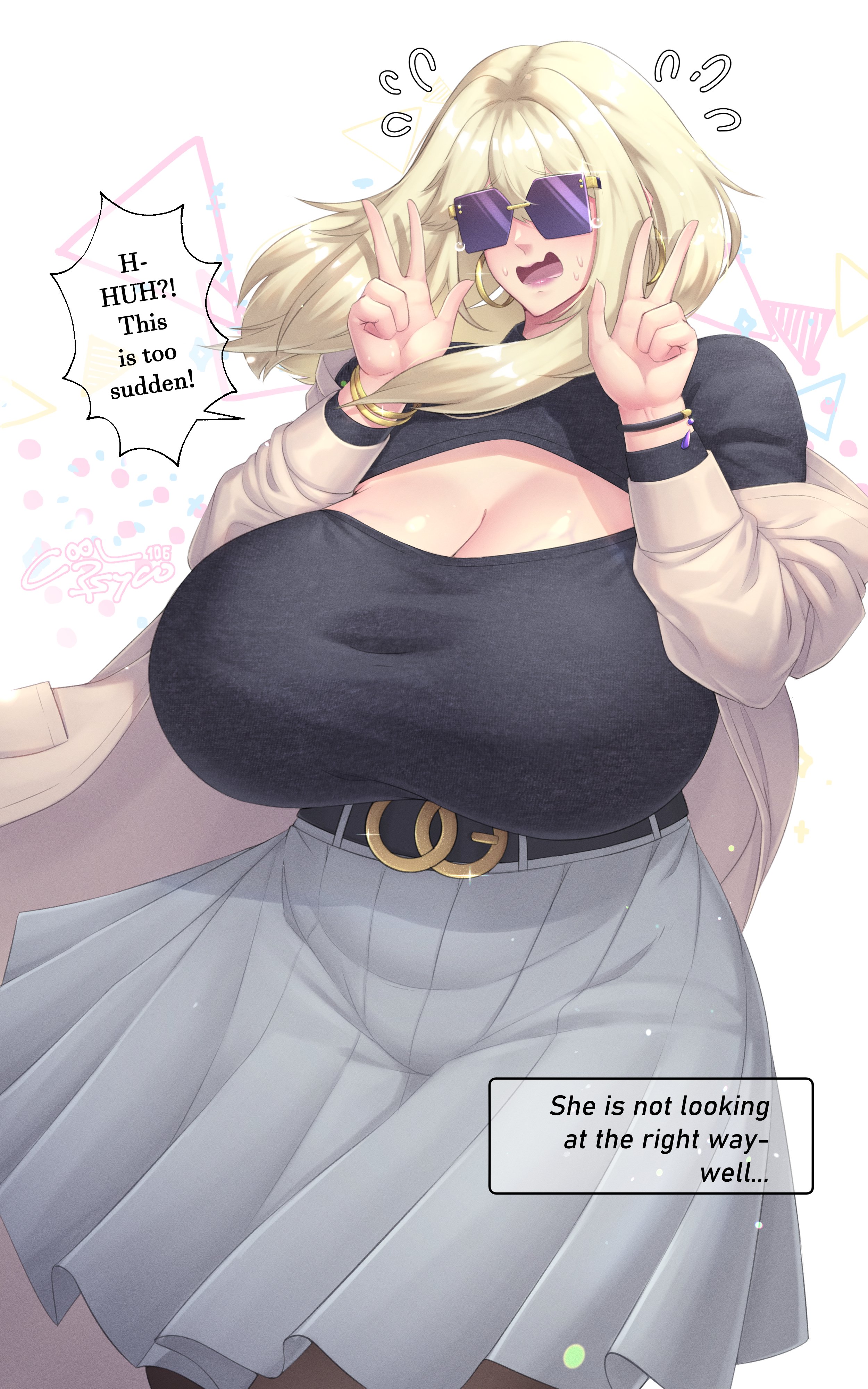 1girls, 2024, 2d, 2d (artwork), 5 fingers, armpits, belt, belt buckle, big thighs, black clothing, blonde hair, blush, bracelet, child bearing hips, cleavage, coolpsyco106, dialogue, double peace sign, english, english text, female, female focus, female only, hi res, highres, hips, large thighs, light skin, light-skinned female, milf, nervous, peace sign, rosalie (coolpsyco106), short hair, skirt, smirk, solo, solo female, solo focus, stockings, thick thighs, thighs, wide hips