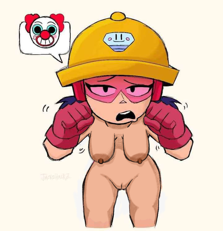 black hair, brawl stars, breasts, brown nipples, cleft of venus, female, fully nude, gloves, hanging breasts, helmet, jacky (brawl stars), looking at viewer, medium breasts, mocking, nipples, nude, pussy, sagging breasts