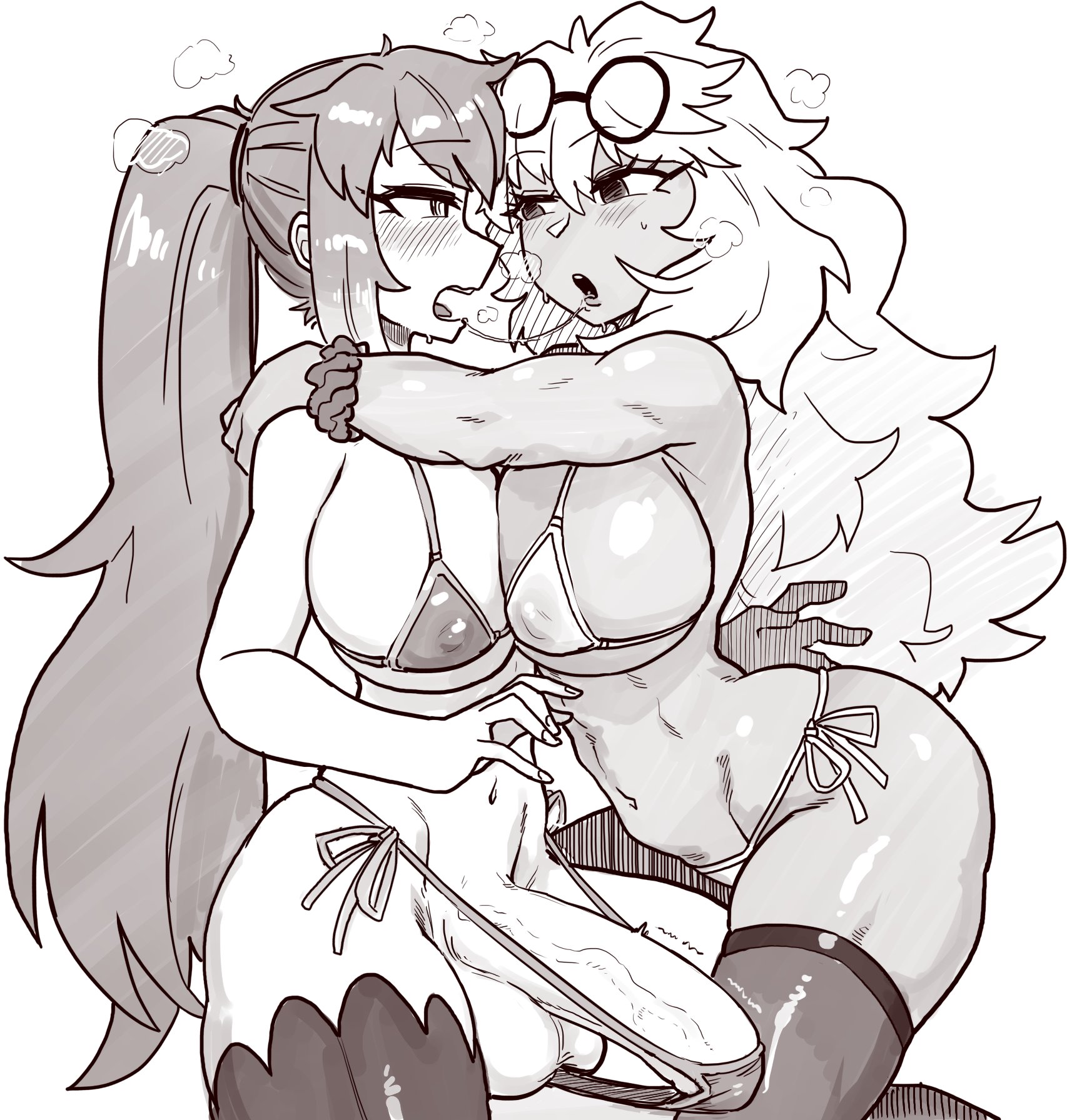 1futa, 1girls, after kiss, balls, big balls, big breasts, big penis, bikini, blush, breasts, clothed, clothing, dark skin, dark-skinned female, duo, erection, erection in panties, erection under clothes, female, futanari, glasses, human, intersex, kneeling, light skin, light-skinned futa, long hair, monochrome, mostly nude, navel, original character, pale skin, penis, saliva, saliva string, sitting, thetenk, thick thighs, thighhighs, wide hips