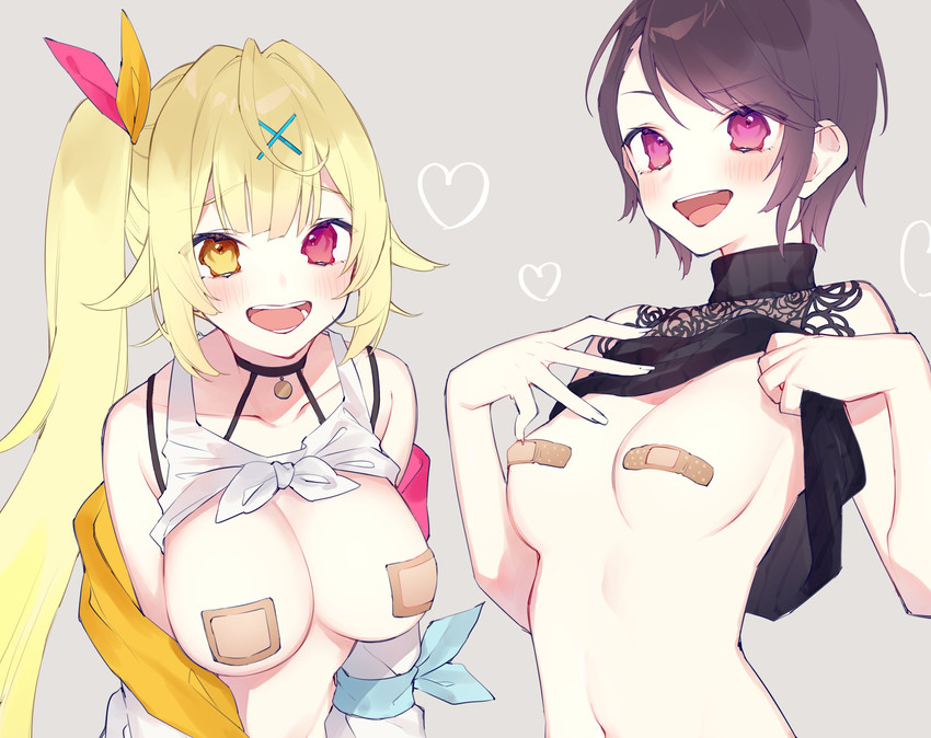 2girls, bandaid, bandaids on nipples, breasts, chiyomaru (yumichiyo0606), exposed breasts, female, female only, gundou mirei, hoshikawa sara, large breasts, medium breasts, navel, nijisanji, undressing, virtual youtuber