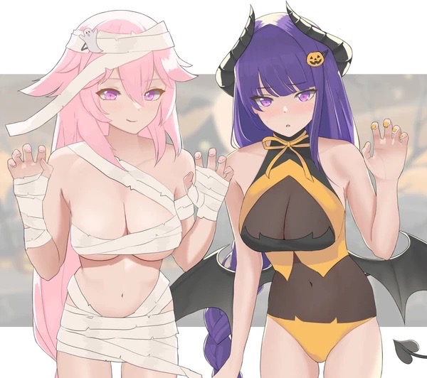 2girls, animal ears, breasts, cleavage, demon, demon girl, demon horns, demon wings, female, fox ears, fox girl, genshin impact, halloween, horns, large breasts, me0i, midriff, multiple females, multiple girls, mummy, navel, pink hair, purple eyes, purple hair, raiden shogun, succubus, thighs, wings, yae miko