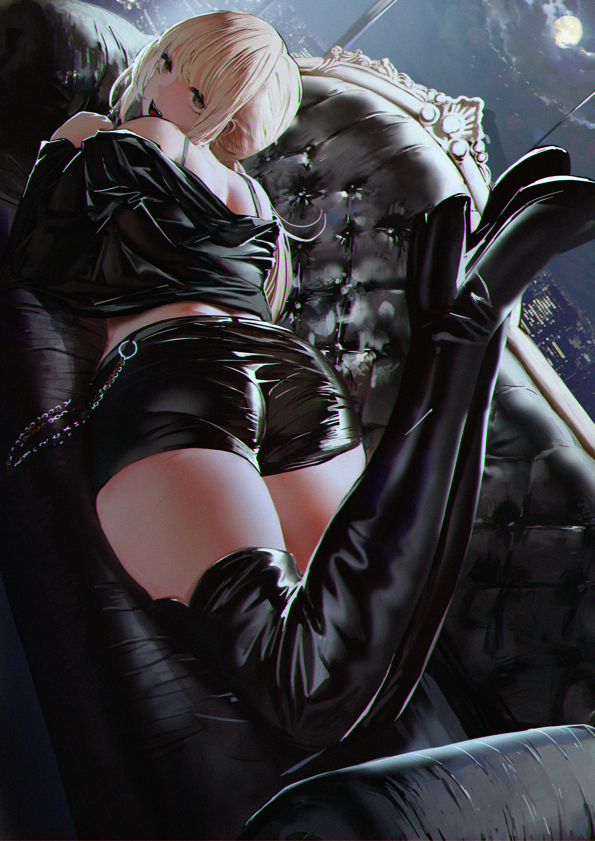 1girls, artoria pendragon, ass, blonde hair, bra strap, breasts, clothed, couch, fate (series), female, high heel boots, hotpants, jacket, masaki (ekakiningen), on stomach, ponytail, shorts, solo, tag, tagme, the pose, thigh boots