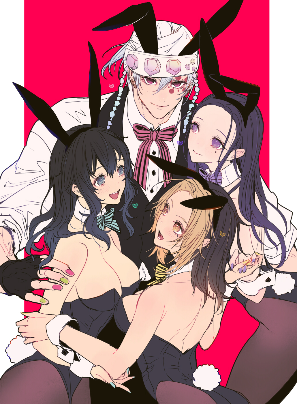 1boy 3girls alternate_costume big_breasts black_hair blue_eyes bowtie bunny_boy bunny_ears bunny_girl bunny_tail canon_couple cleavage demon_slayer facial_mark female fingerless_gloves hair_down headgear hinatsuru_(kimetsu_no_yaiba) holding_hands husband_and_wife husband_and_wives iwatokko kimetsu_no_yaiba larger_male long_hair looking_at_viewer makio_(kimetsu_no_yaiba) male male_playboy_bunny married_couple mole_under_eye nail_polish pantyhose pink_eyes playboy_bunny polyamory ponytail purple_eyes red_background smile suma_(kimetsu_no_yaiba) the_wives_(kimetsu_no_yaiba) two_tone_hair uzui_tengen yellow_eyes