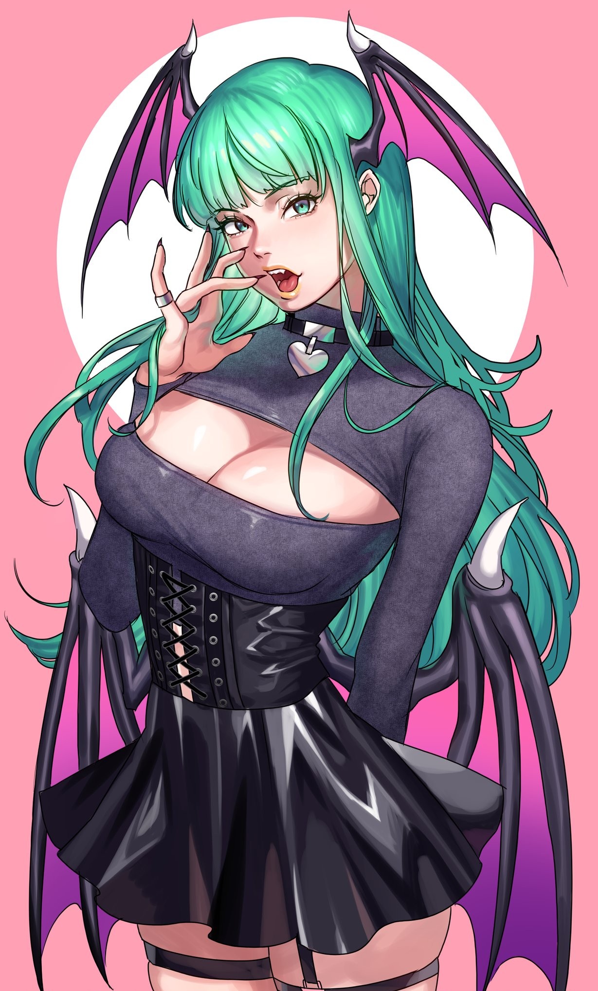 blowjob face, breasts, clothing, corset, darkstalkers, demon, demon girl, dress, egirl, female, goth, green eyes, green hair, hanny (uirusu chan), large breasts, morrigan aensland, open mouth, oral, oral insinuation, oral invitation, petite, seductive eyes, seductive look, seductive mouth, succubus, tagme