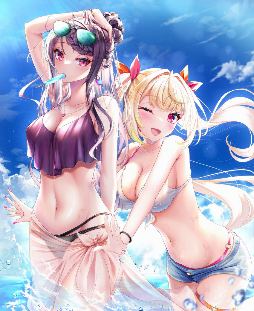 2girls, bikini, breasts, cleavage, female, female only, gundou mirei, hoshikawa sara, large breasts, nijisanji, popsicle, rai (newtype xm-x1), swimsuit, virtual youtuber