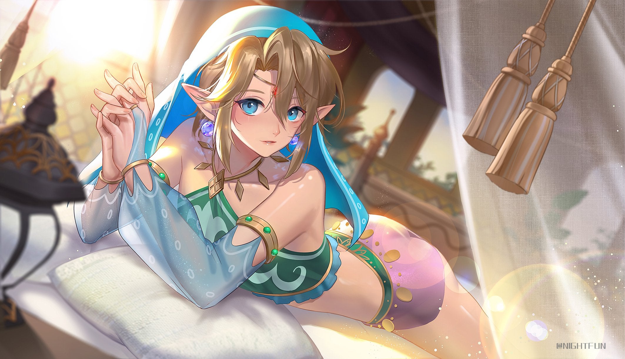 artist request, blue eyes, breath of the wild, curtains, dirty blonde hair, earrings, elf, femboy, gerudo, gerudo link, gerudo top, hylian, light skin, light-skinned femboy, light-skinned male, link, link (breath of the wild), male, pillow, pointy ears, pretty boy, solo, solo male, the legend of zelda