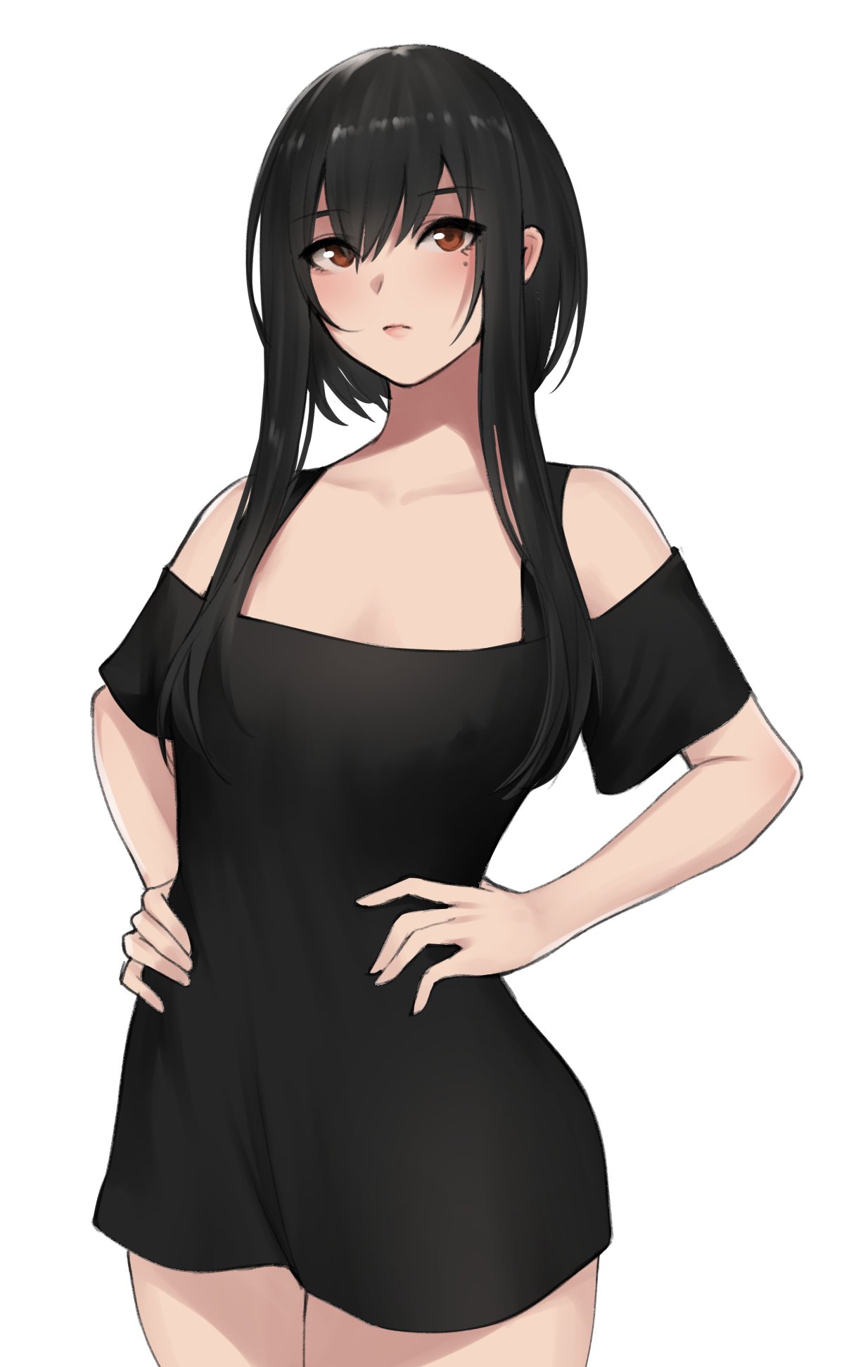 1girls, bangs, bare shoulders, black clothing, black dress, black hair, black topwear, blush, breasts, brown eyes, closed mouth, clothed, collarbone, dress, eyebrows visible through hair, female, hands on hips, highres, kuronerinka, looking at viewer, mole, mole under eye, original, short dress, short hair with long locks, short sleeves, sidelocks, small breasts, solo