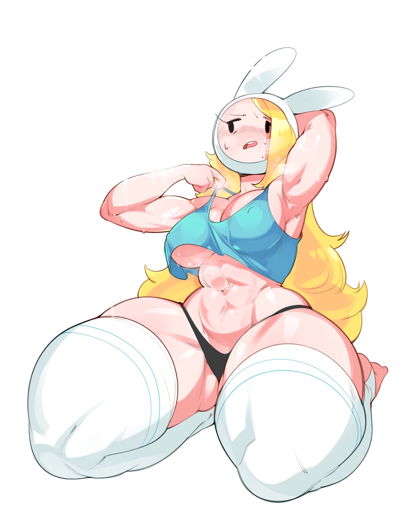 1girls, adventure time, armpit, armpits, big thighs, blonde hair, breasts, bulumble-bee, female, female only, fionna the human girl, genderswap, huge thighs, large thighs, legwear, massive thighs, muscles, muscular, muscular female, rule 63, simple background, solo, solo female, sweaty, sweaty body, thick thighs, thighhighs, thighs, white background, yellow hair