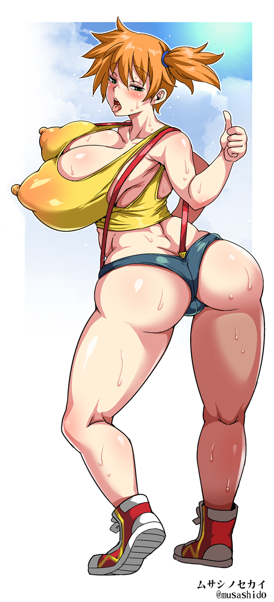 adapted costume, alternate breast size, armpits, ass, asymmetrical hair, bare legs, blush, breasts, clothing, denim, denim shorts, female, game freak, gen 1 pokemon, green eyes, gym leader, huge breasts, kasumi (pokemon), large breasts, legs, looking at viewer, misty (pokemon), musashino sekai, navel, nintendo, nipples, orange hair, pokemon, pokemon (anime), pokemon (classic anime), pokemon (game), pokemon character, pokemon species, ponytail, shirt, shoes, short hair, short shorts, shorts, side ponytail, smile, sneakers, solo, standing, suspenders, sweat, sweatdrop, tank top, thick thighs, thighs, tied hair, tongue, tongue out, wet, wide hips, yellow shirt, yellow tank top