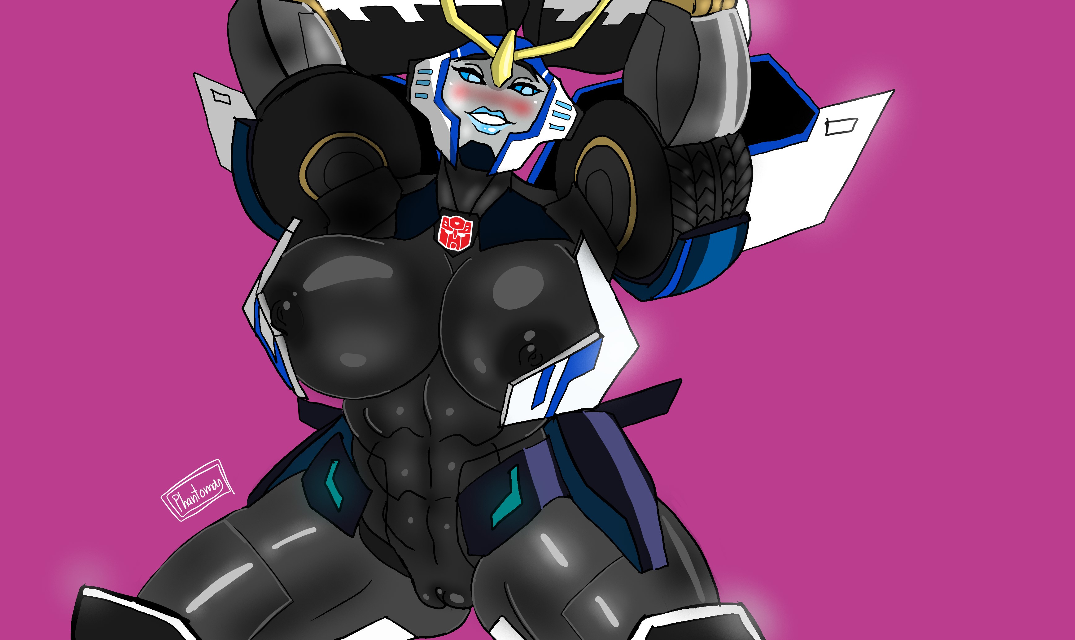 arms above head, big breasts, breasts, female, muscular, muscular female, naked, phantomas (artist), pussy, robot, robot girl, smiling, solo, strongarm (transformers), transformers, transformers robots in disguise (2015)