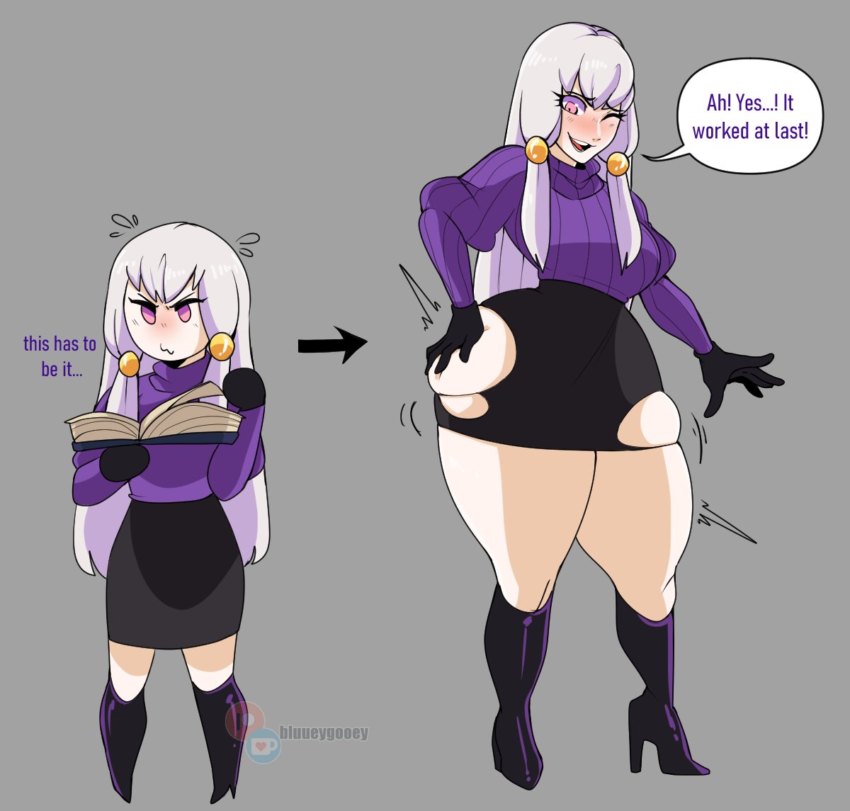 :3, 1girls, alternate costume, ass expansion, bare legs, bare thighs, bluueygooey, boots, breast expansion, breast growth, breast growth (enlargement), breasts, curvy, english text, female, fire emblem, fire emblem: three houses, frown, gloves, high heels, long hair, lysithea von ordelia, magic, nintendo, one eye closed, open mouth, pink eyes, skirt, smile, solo, sweater, text, thick thighs, thighs, torn clothes, transformation, very long hair, voluptuous, white hair, wide hips