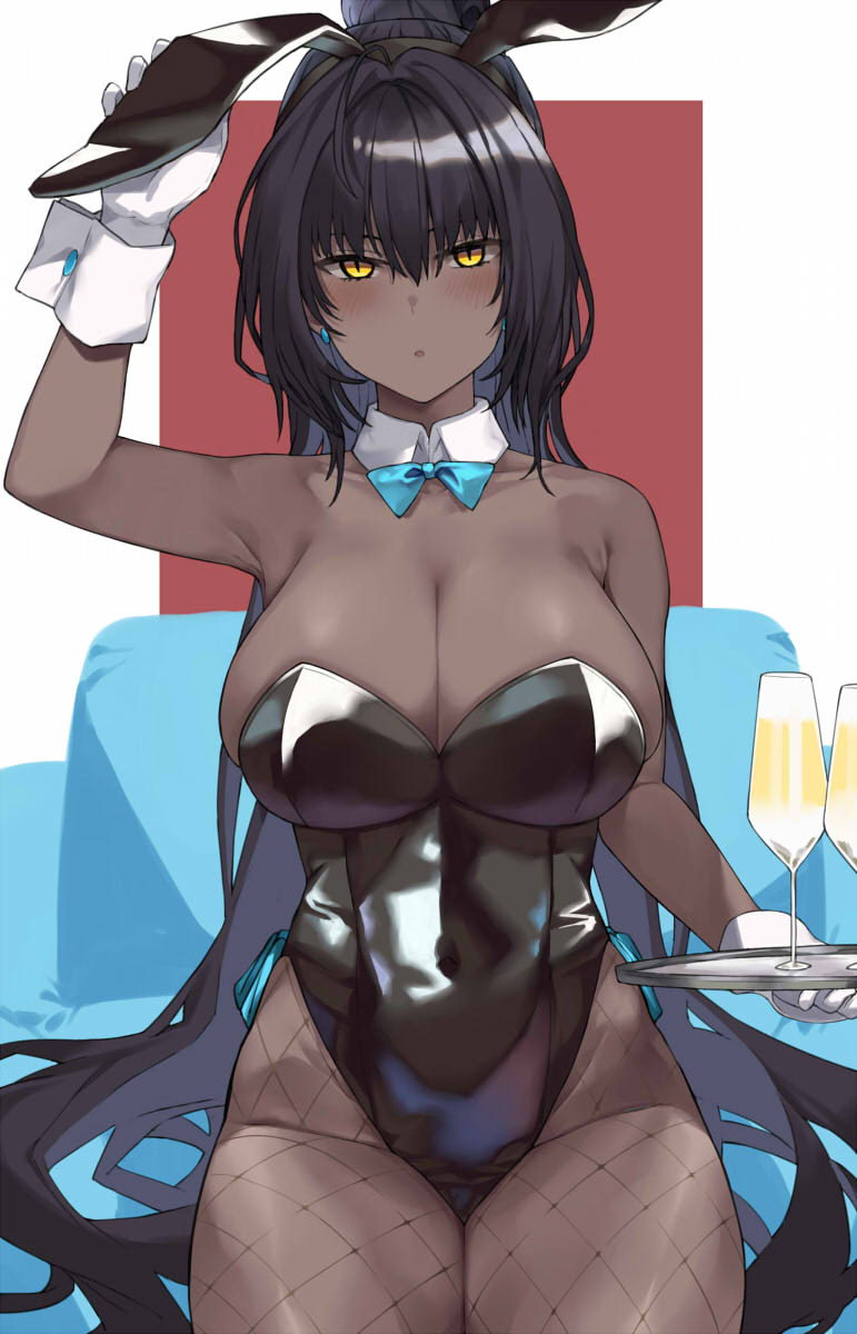 1girls 2021 :o animal_ears aqua_bow aqua_bowtie armpits bangs bare_shoulders black_hair black_leotard blue_archive bow bowtie breasts cleavage collar covered_navel cup dark-skinned_female dark_skin detached_collar drinking_glass earrings fake_animal_ears female female_focus female_only fishnet_legwear fishnets glass gloves hai_ookami hair_between_eyes highres holding huge_breasts jewelry karin_(blue_archive) karin_(bunny)_(blue_archive) leotard long_hair looking_at_viewer millennium_science_school_student playboy_bunny rabbit_ears sidelocks sitting sleeveless solo solo_female tan tray white_collar white_gloves wine_glass wrist_cuffs yellow_eyes