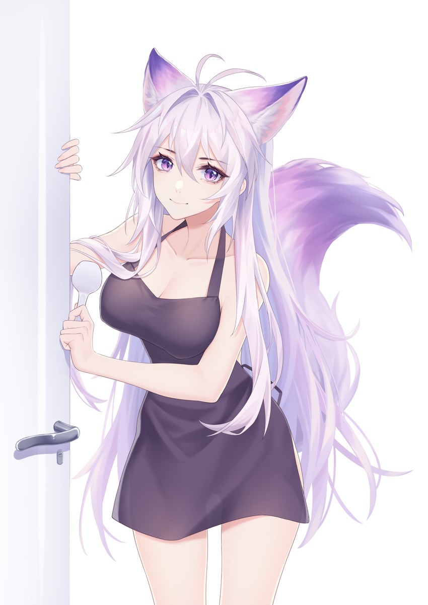 absurdres animal_ear_fluff animal_ears antenna_hair apron bangs breasts cleavage collarbone extra_ears female fox_ears fox_girl fox_tail grey_hair hair_between_eyes highres holding kirby_d_a long_hair looking_at_viewer medium_breasts naked_apron original original_character purple_eyes simple_background smile solo spoon tail tail_raised translucent very_long_hair white_hair