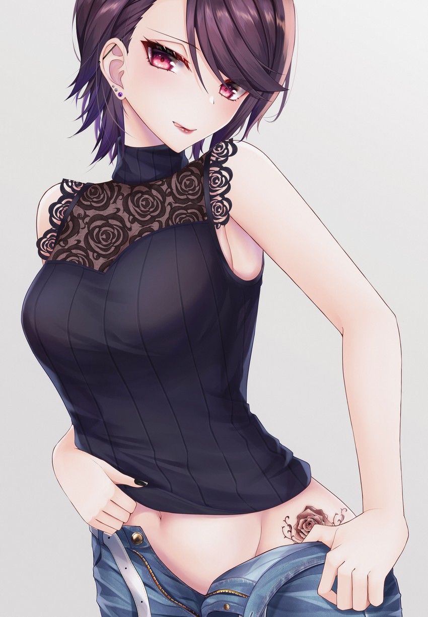 bare shoulders, female, female only, gundou mirei, hip tattoo, jeans, licking lips, midriff, navel, nijisanji, purple hair, rai (newtype xm-x1), seductive, seductive eyes, seductive look, seductive smile, short hair, solo, solo female, tattoo, undressing, unzipped, unzipped pants, virtual youtuber