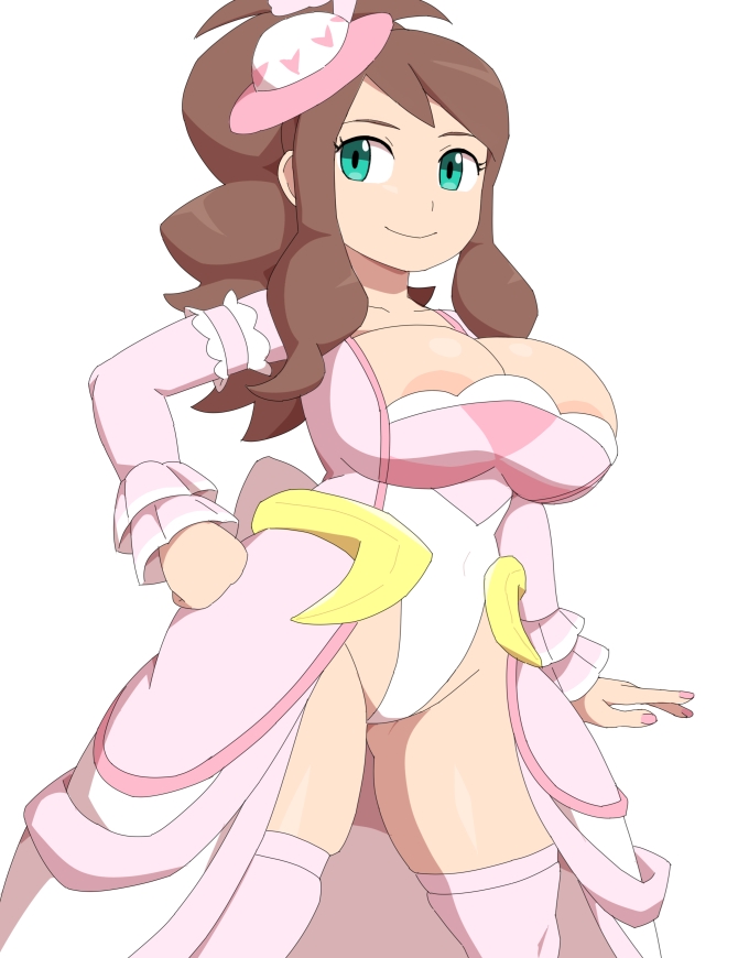 1girls, alternate breast size, areolae, big breasts, blue hair, breasts, brown hair, female, hilda (pokemon), hilda (special costume) (pokemon masters), kabeume, large breasts, leotard, long hair, nintendo, pokemon, pokemon bw, pokemon masters, solo, standing, thick thighs, thigh gap, thighhighs, thighs, white background