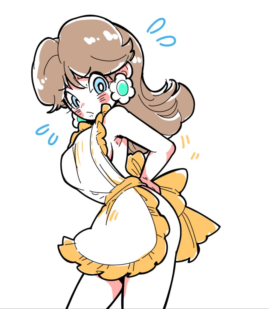 1girls, apron, apron only, brown hair, cindysuke, earrings, female, flower earrings, mario (series), naked, nintendo, princess daisy, solo, tagme, white background
