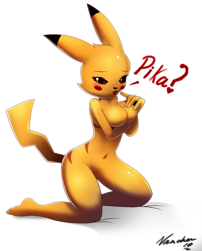 anthro anthrofied barefoot breasts feet female female_only fur furry kneeling nancher nintendo nude pikachu pokemon shiny_pikachu shiny_pokemon solo tagme tail thick_thighs thighs toes