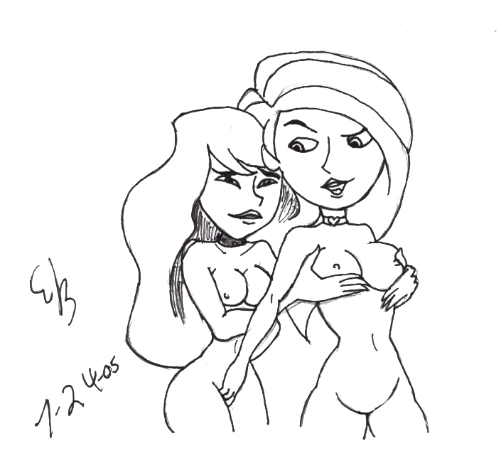 2005 disney female female_only human kim_possible kimberly_ann_possible monochrome multiple_females nipples shego straight_hair tagme themushroomking yuri