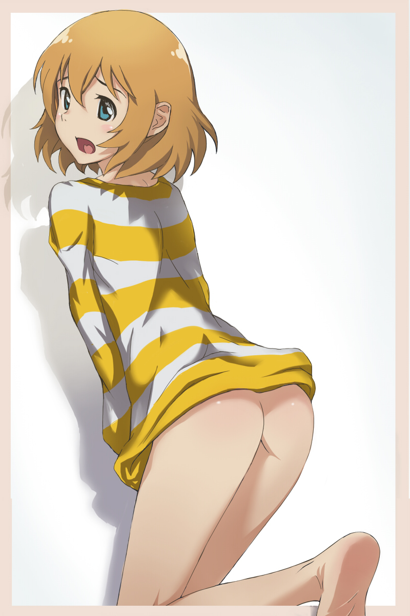 ass barefoot blonde_hair blue_eyes blush bottomless feet femboy from_behind girly heroman highres joey_jones looking_back male_only no_panties open_mouth pointy_chin tagme trap yellow_stripes