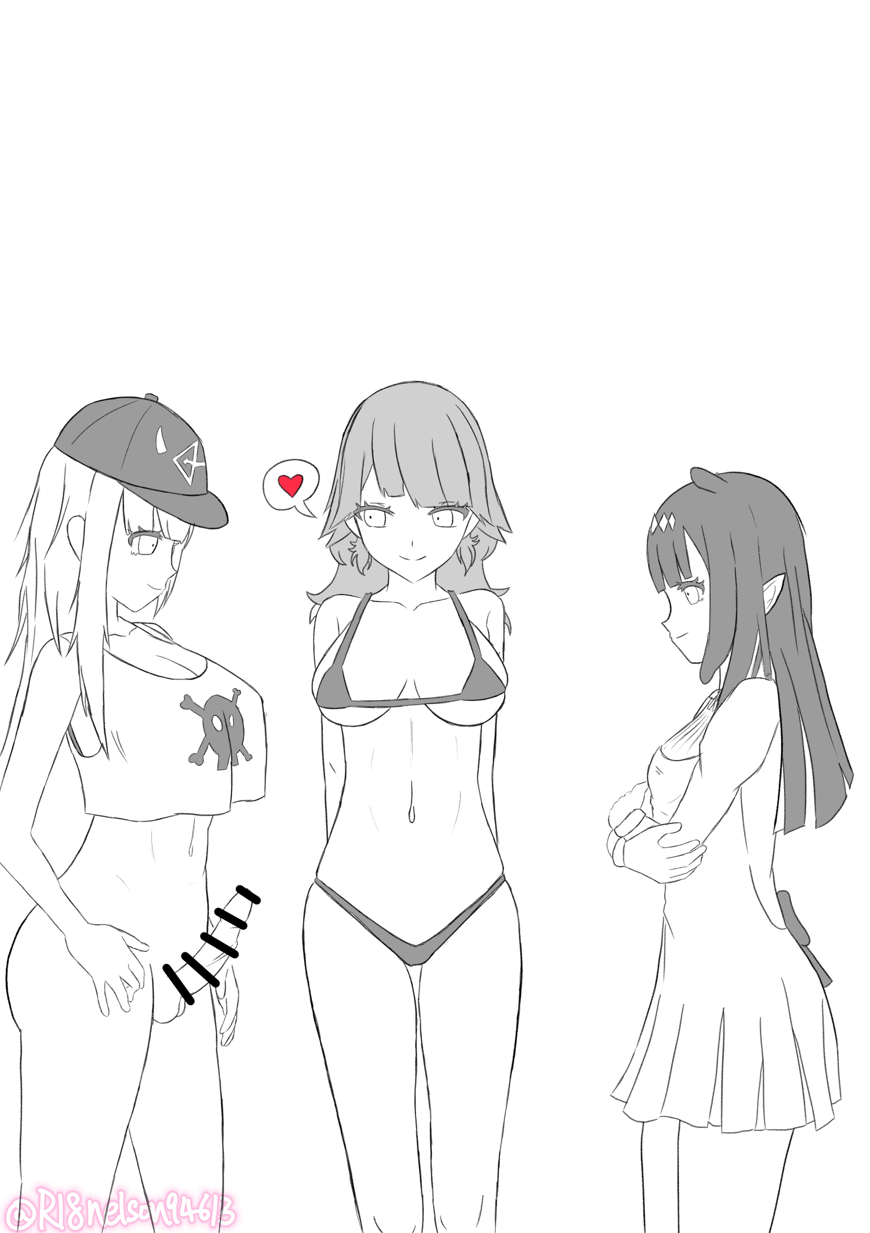 1girls, 2futas, big breasts, black and white, bottomless, breasts, censored, cheating, clothed, clothing, comparing penis, cucked by futa, cuckold, dark hair, dress, erection, female, fully clothed, futanari, hat, hololive, hololive english, hololive myth, intersex, large breasts, long hair, lurenjia, monochrome, mori calliope, mostly nude, nelson94613, netorare, ninomae ina'nis, ntr, penis, penis comparison, pointy ears, sketch, smug, standing, swimsuit, takanashi kiara, virtual youtuber