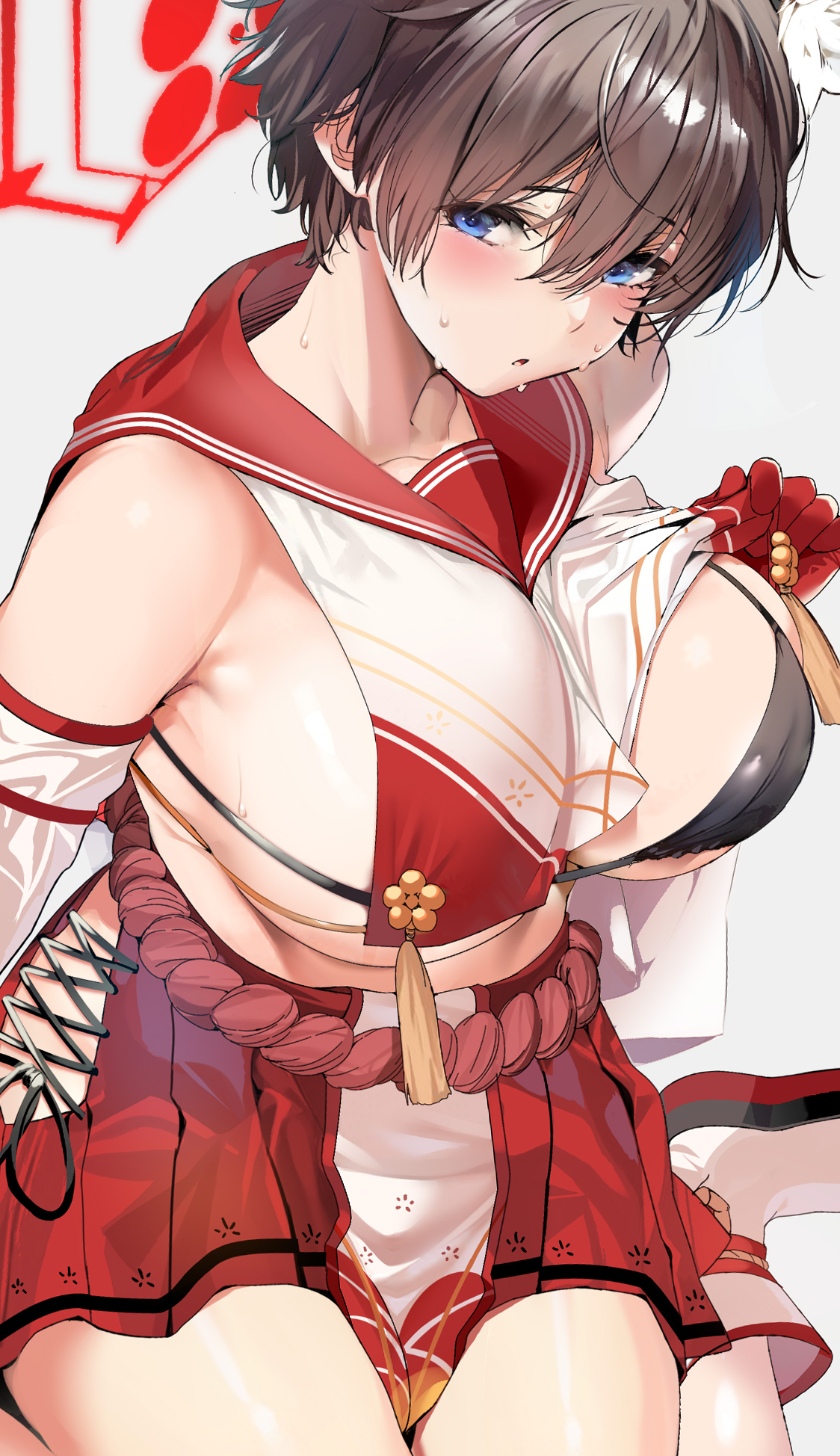 1girls, 2021, allied hyakkiyako academy student, animal ears, bikini, black bikini, black hair, blue archive, blue eyes, blush, breasts, cleavage, closed mouth, clothes lift, elbow gloves, female, female focus, female only, gloves, hair between eyes, highres, inner discipline club (blue archive), large breasts, looking at viewer, marushin (denwa0214), pelvic curtain, red gloves, revealing clothes, rope, sailor collar, shirt, short hair, smile, solo, solo female, steaming body, sweat, swimsuit, tabard, tassel, thighs, tsubaki (blue archive), very short hair, white shirt
