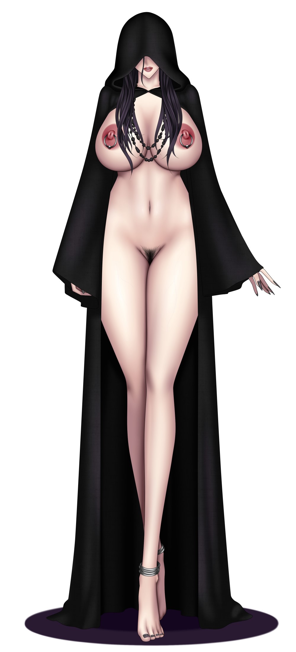 ankle_bracelets areolae baru_(val-val) belly black_hair elles_(baru) eyes_covered hooded_cloak hooded_robe large_breasts lipstick long_legs naked_cloak nipple_piercing nipple_rings nipples pubic_hair red_lipstick stomach thighs