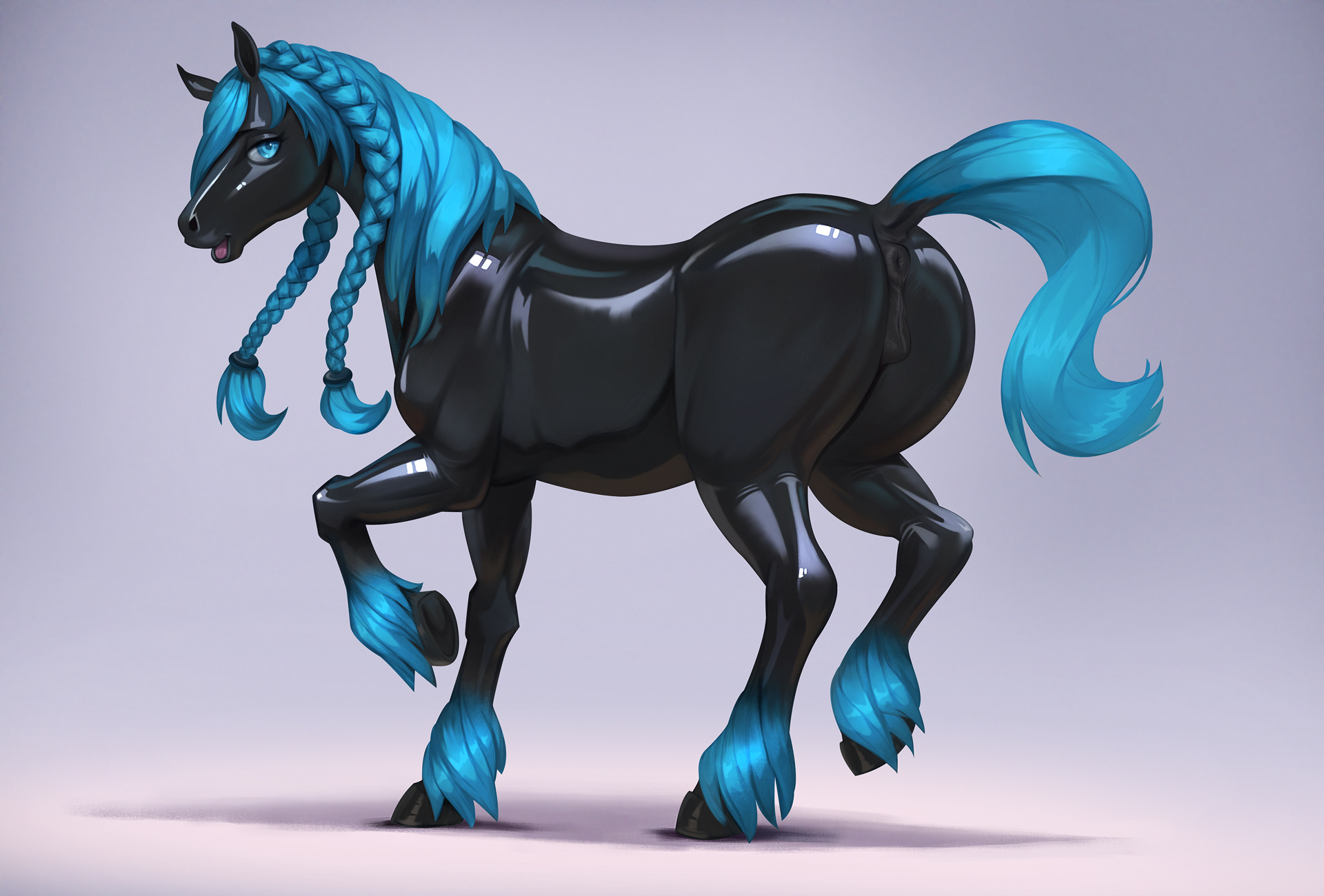 animal genitalia, animal pussy, anus, braided hair, clothing, conditional dnp, equid, equine, equine pussy, female, feral, genitals, hair, hi res, horse, jotun22, mammal, pussy, rubber, rubber clothing, rubber suit, solo